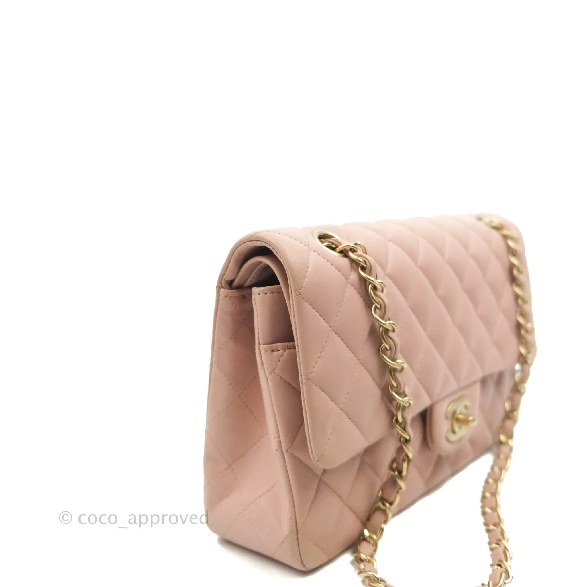 Chanel Classic M/L Medium Flap Quilted Light Pink Lambskin Matte Gold Hardware
