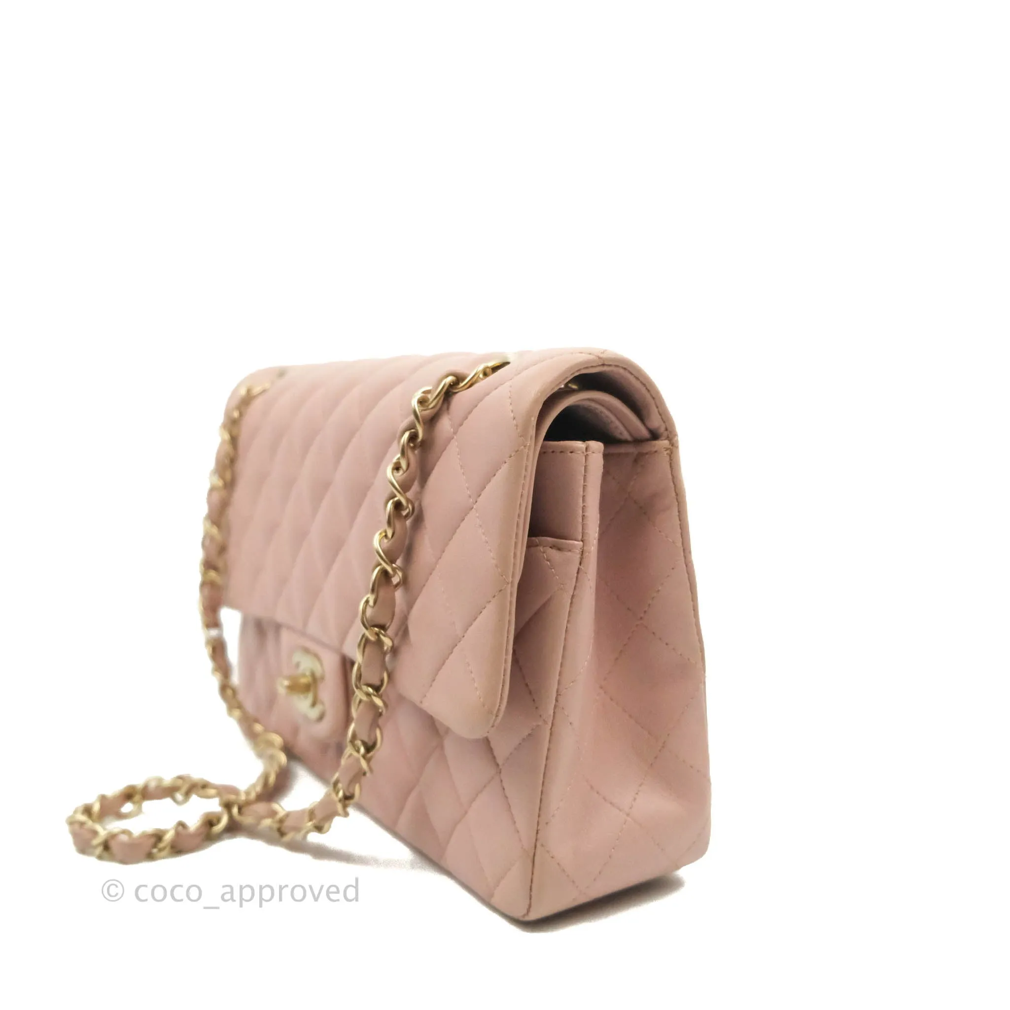Chanel Classic M/L Medium Flap Quilted Light Pink Lambskin Matte Gold Hardware