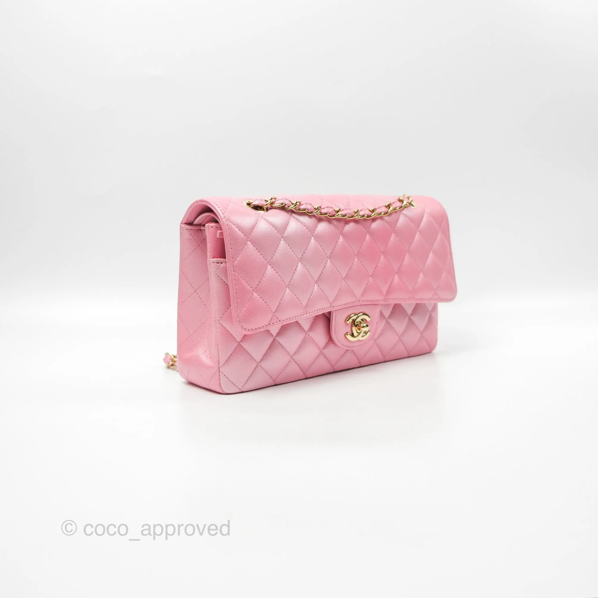 Chanel Classic M/L Medium Flap Quilted Pink Cloudy Pearly Goatskin Gold Hardware 23S