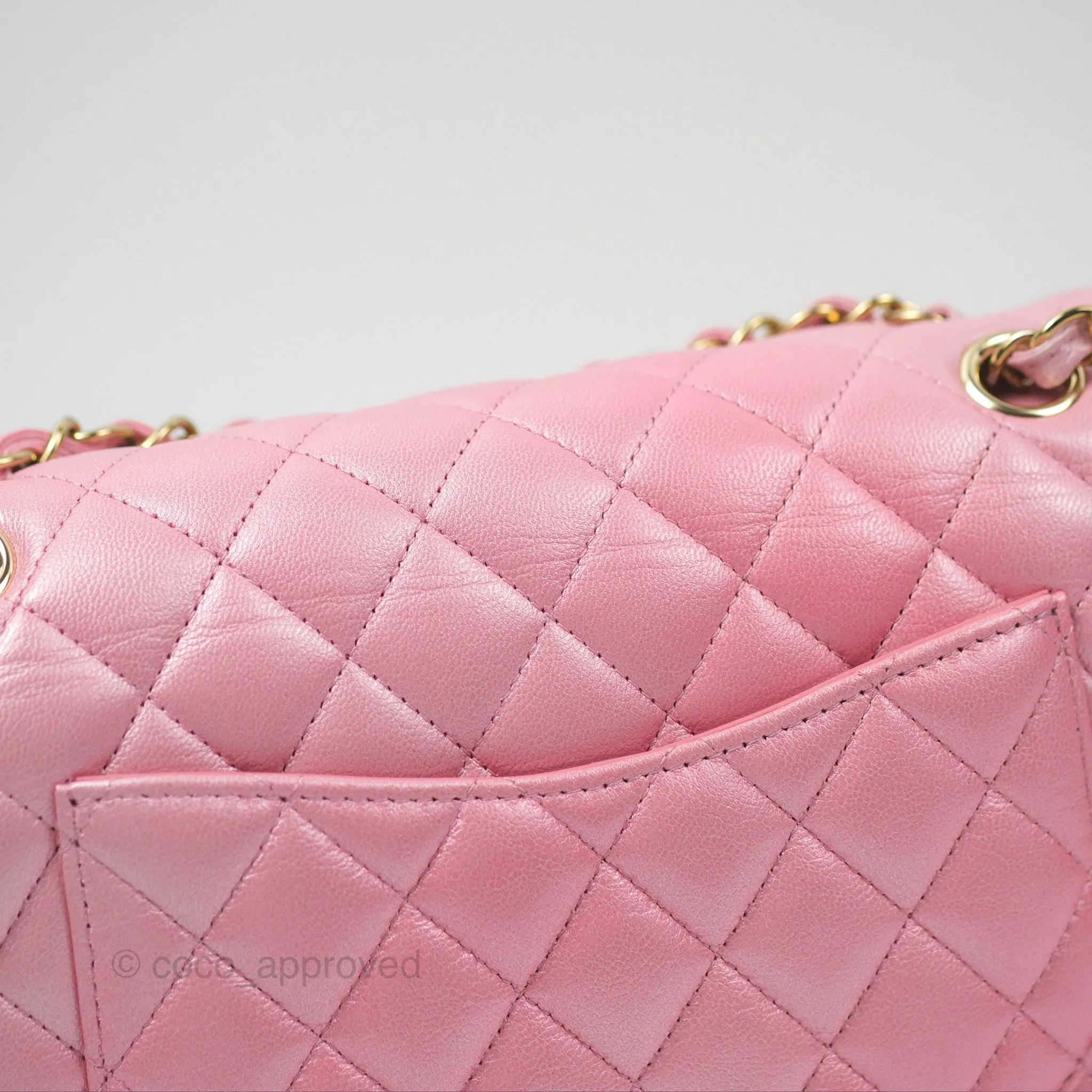 Chanel Classic M/L Medium Flap Quilted Pink Cloudy Pearly Goatskin Gold Hardware 23S