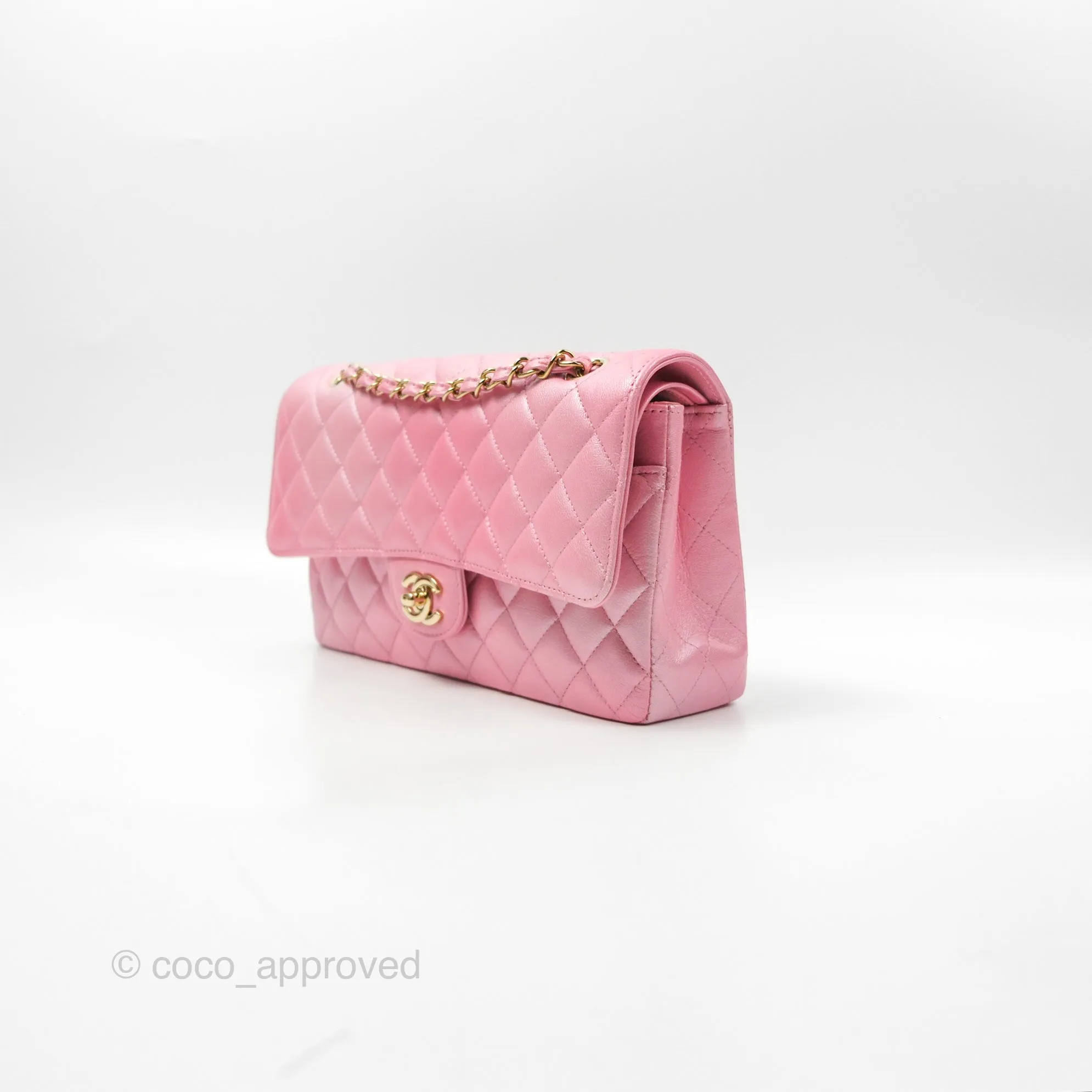 Chanel Classic M/L Medium Flap Quilted Pink Cloudy Pearly Goatskin Gold Hardware 23S
