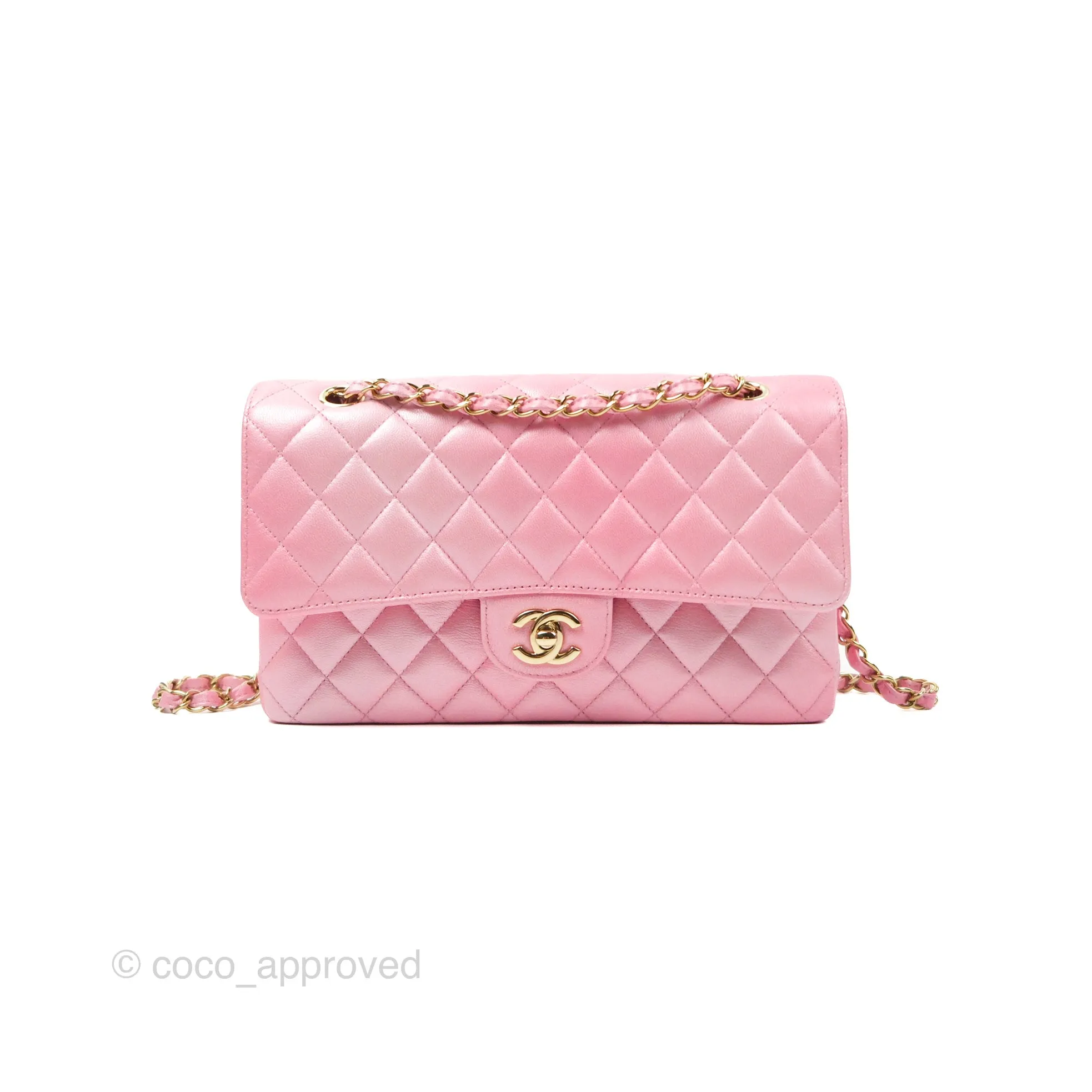 Chanel Classic M/L Medium Flap Quilted Pink Cloudy Pearly Goatskin Gold Hardware 23S