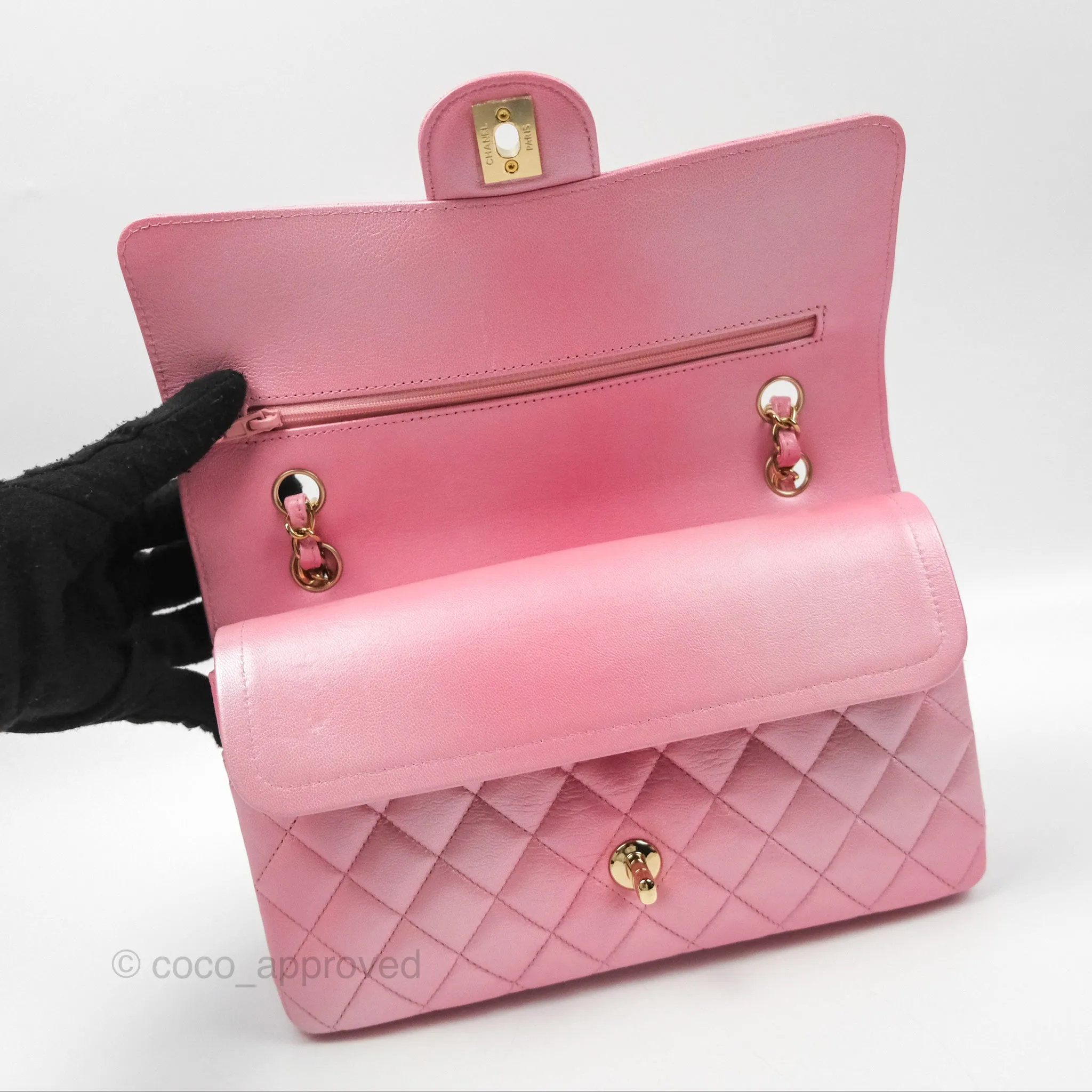 Chanel Classic M/L Medium Flap Quilted Pink Cloudy Pearly Goatskin Gold Hardware 23S