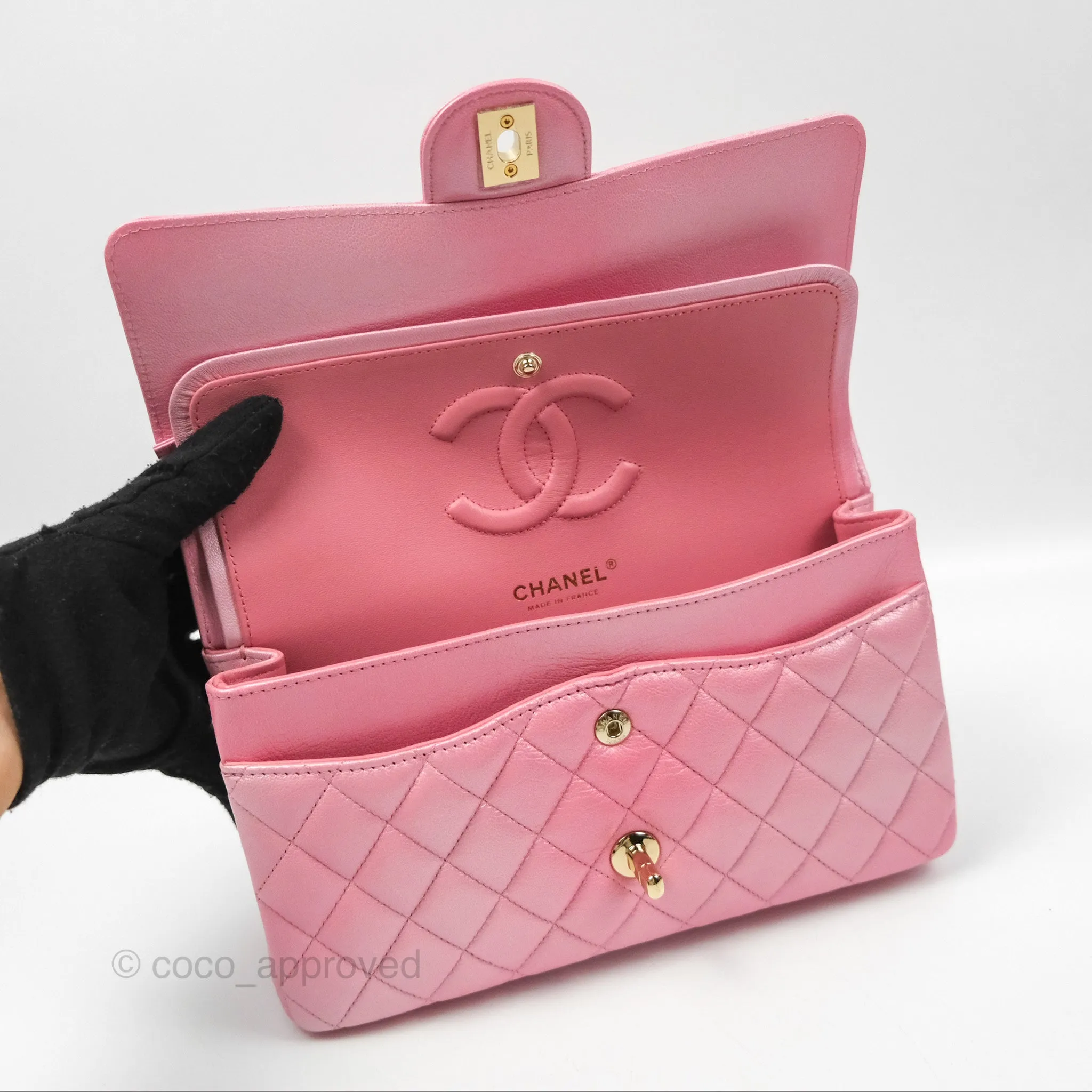 Chanel Classic M/L Medium Flap Quilted Pink Cloudy Pearly Goatskin Gold Hardware 23S