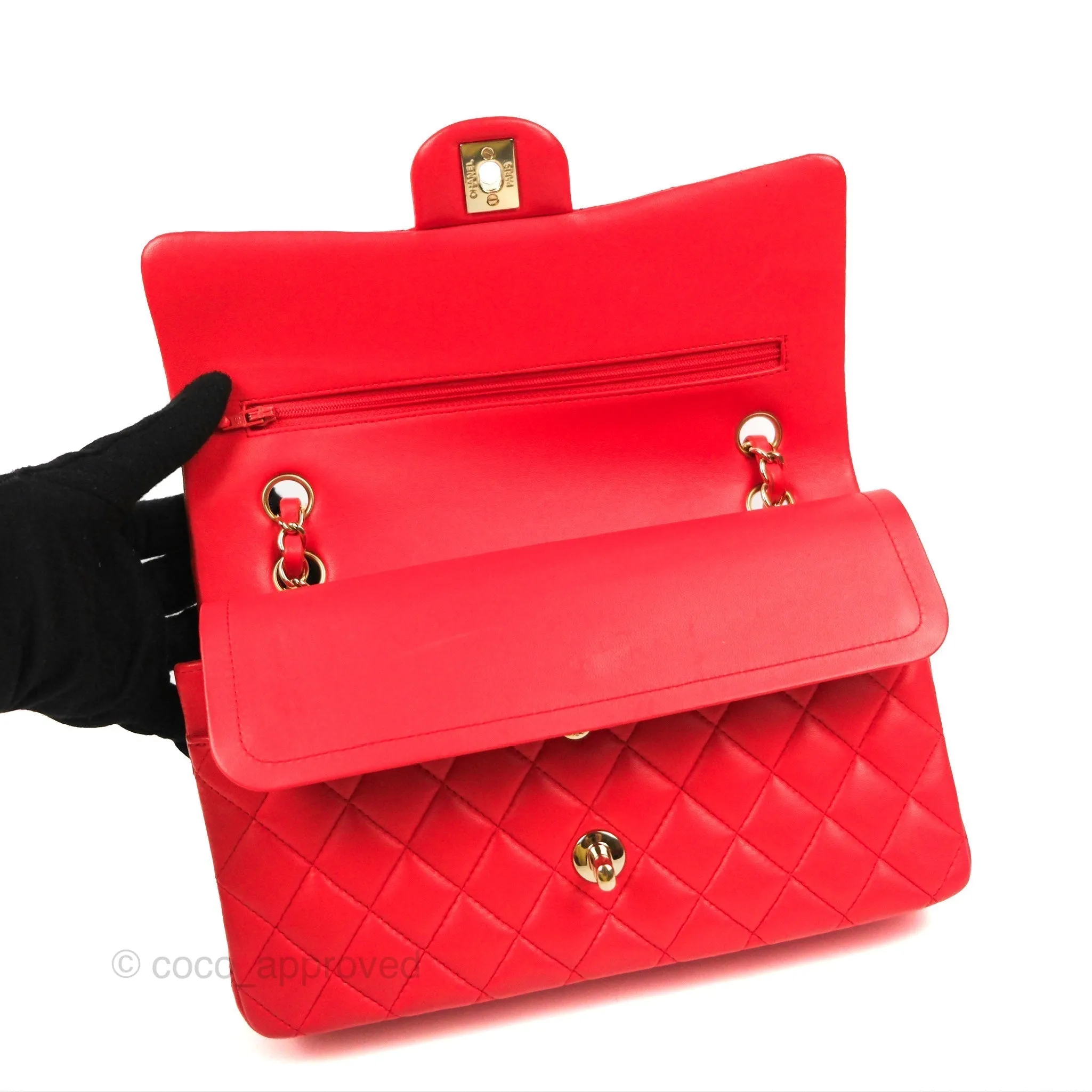 Chanel Classic M/L Medium Flap Quilted Red Lambskin Gold Hardware