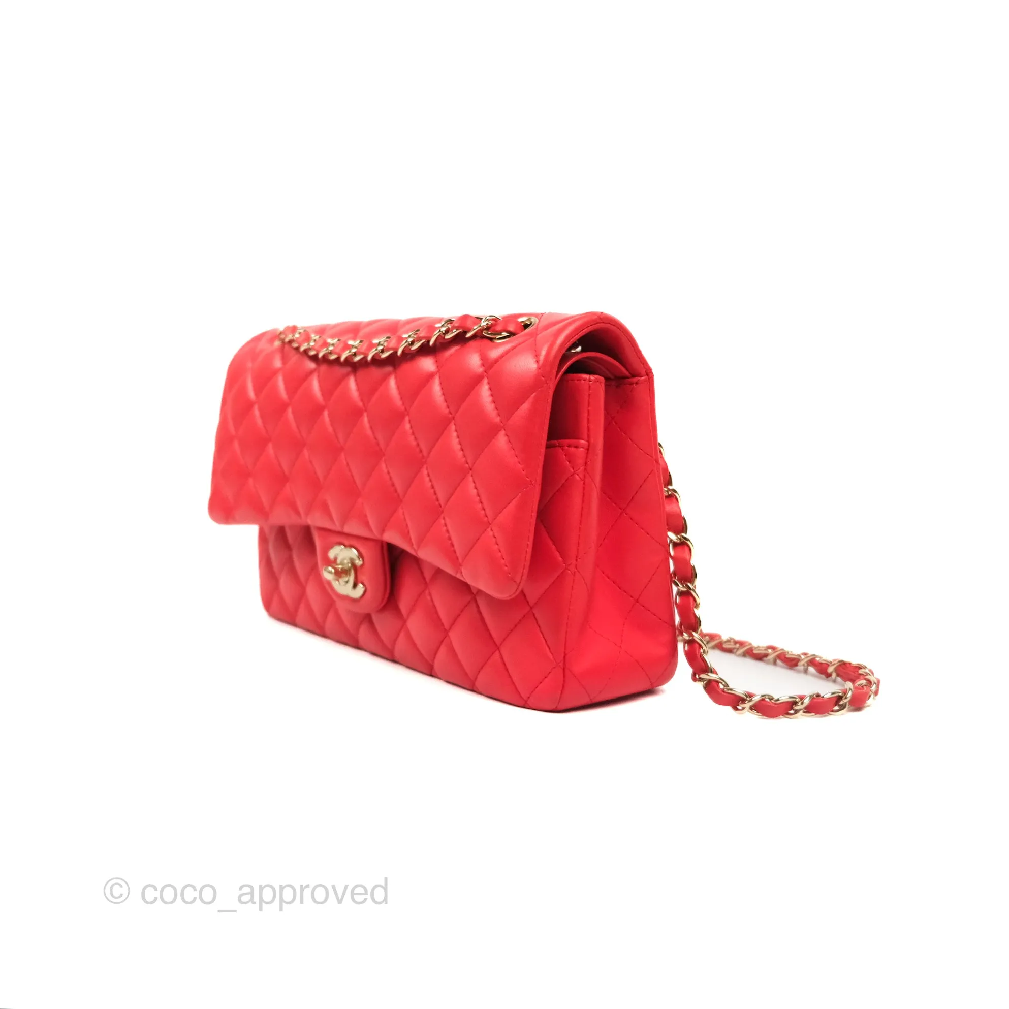 Chanel Classic M/L Medium Flap Quilted Red Lambskin Gold Hardware