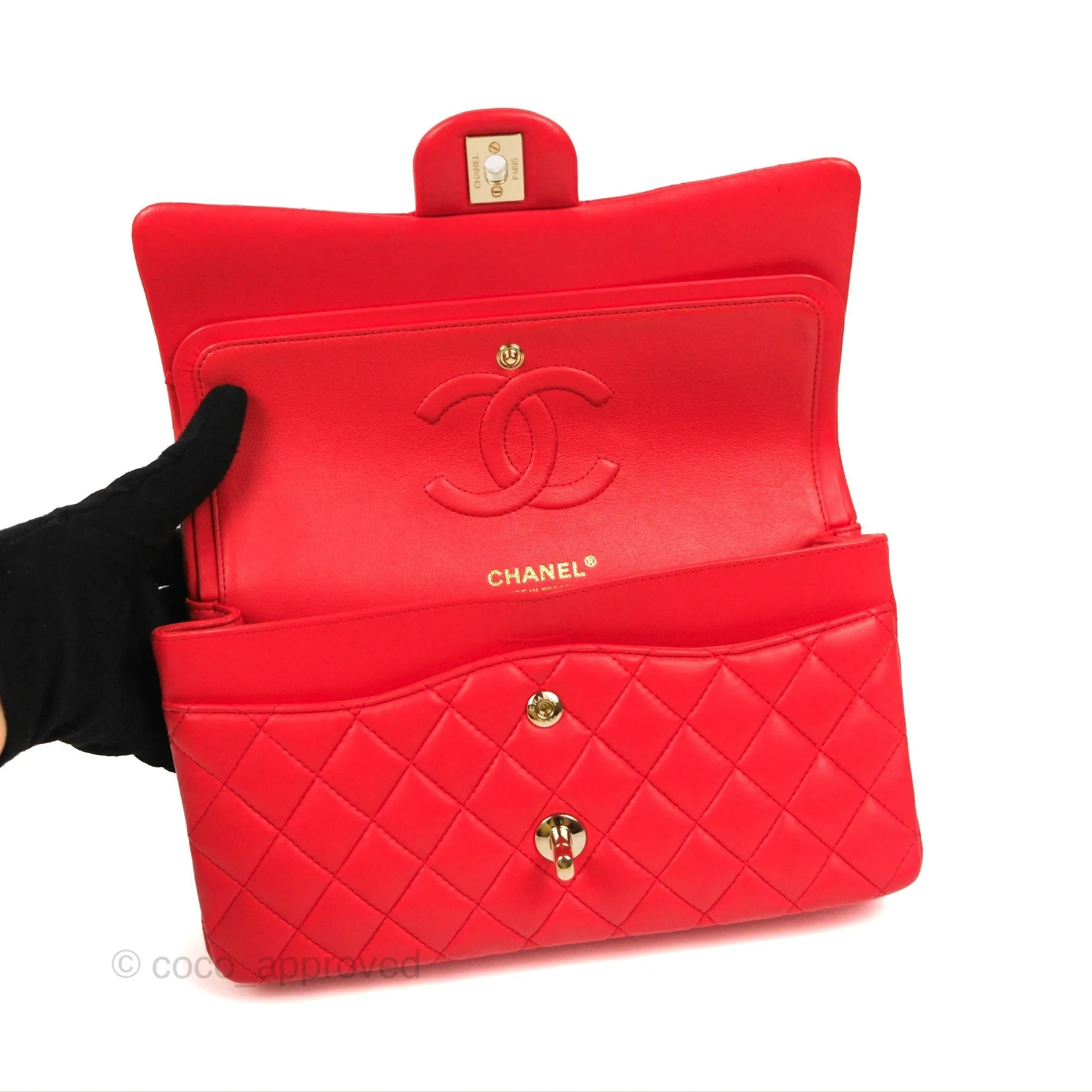 Chanel Classic M/L Medium Flap Quilted Red Lambskin Gold Hardware