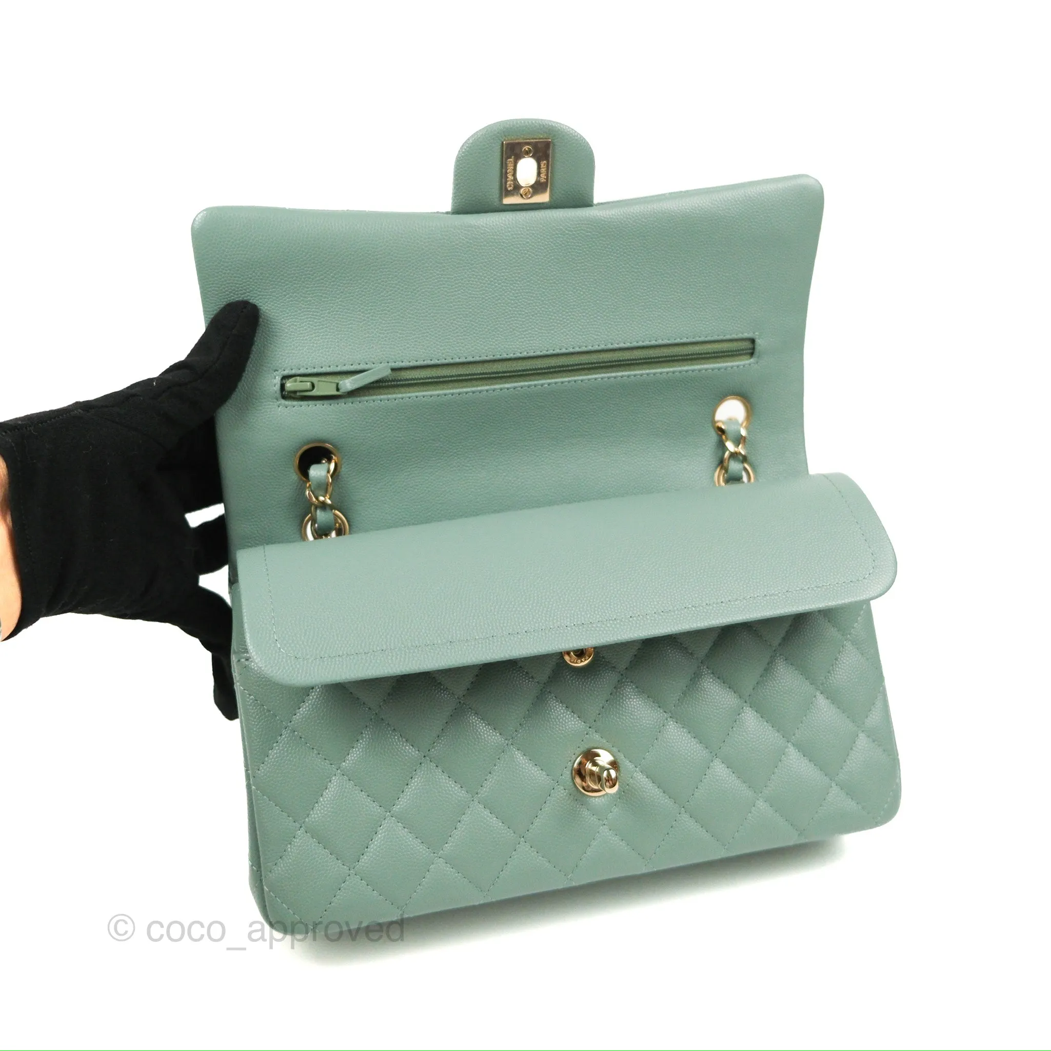 Chanel Classic M/L Medium Flap Quilted Tiffany Green Caviar Gold Hardware
