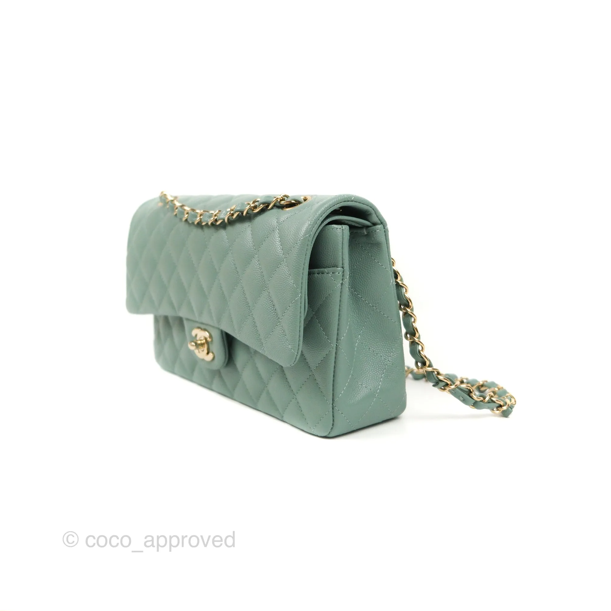 Chanel Classic M/L Medium Flap Quilted Tiffany Green Caviar Gold Hardware