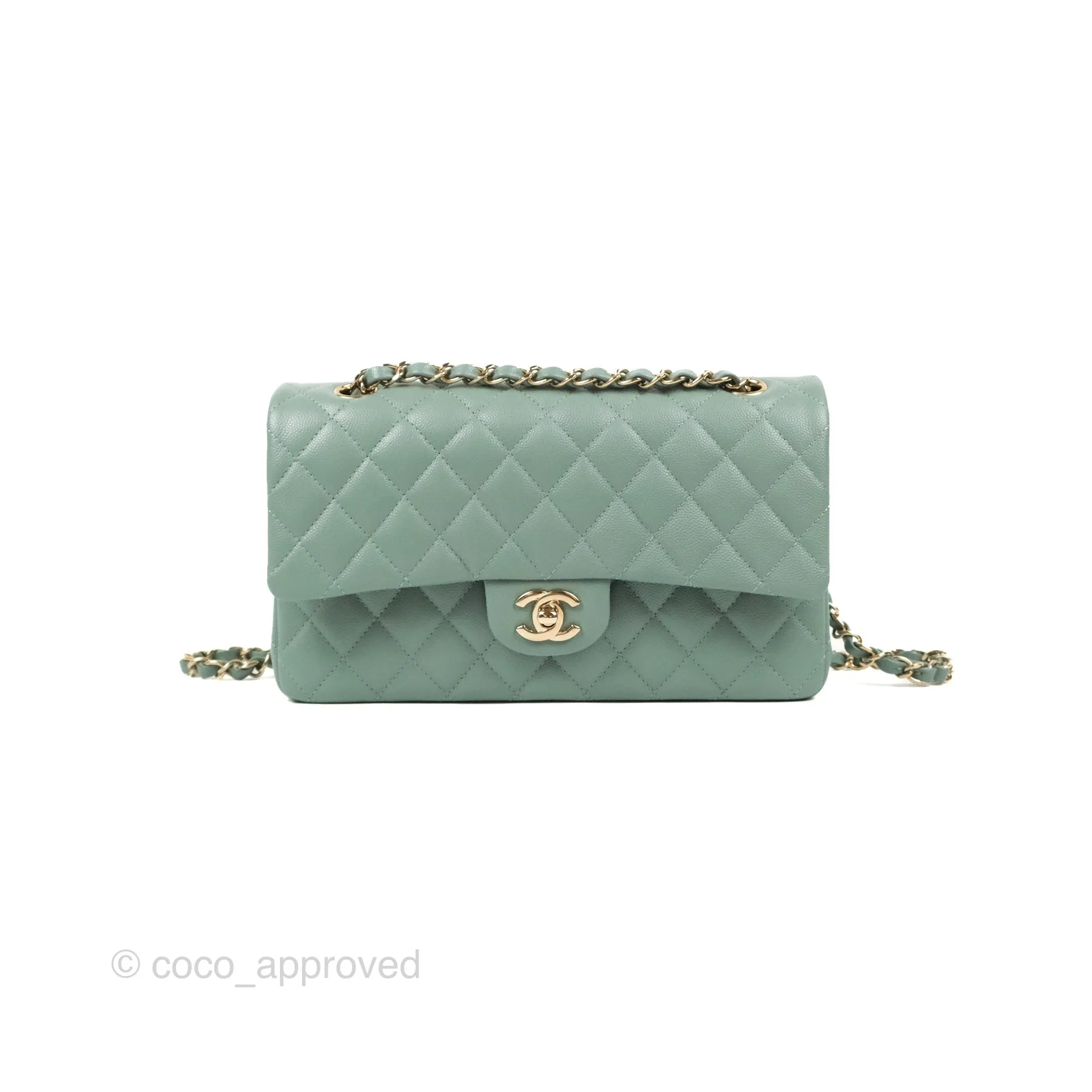 Chanel Classic M/L Medium Flap Quilted Tiffany Green Caviar Gold Hardware
