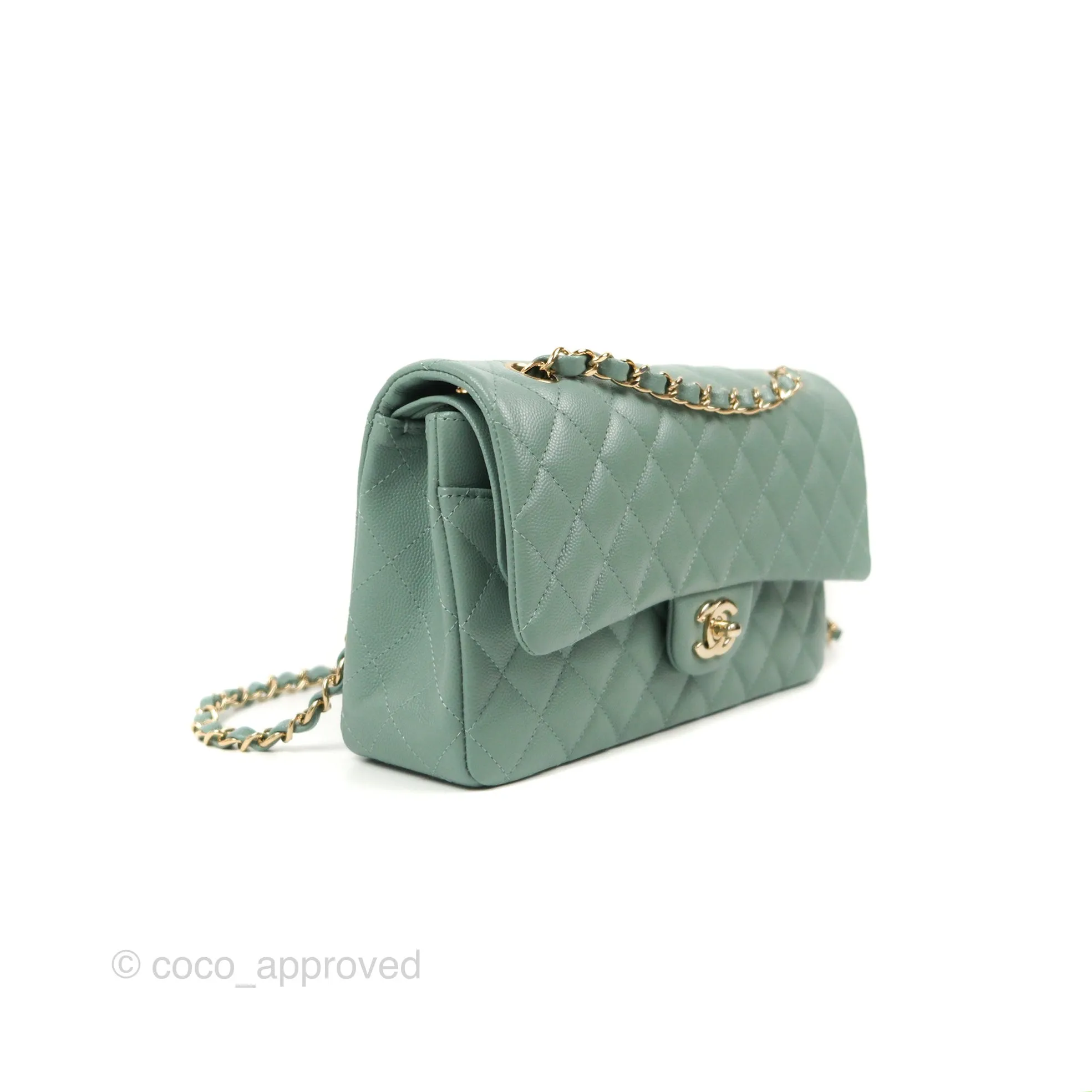 Chanel Classic M/L Medium Flap Quilted Tiffany Green Caviar Gold Hardware