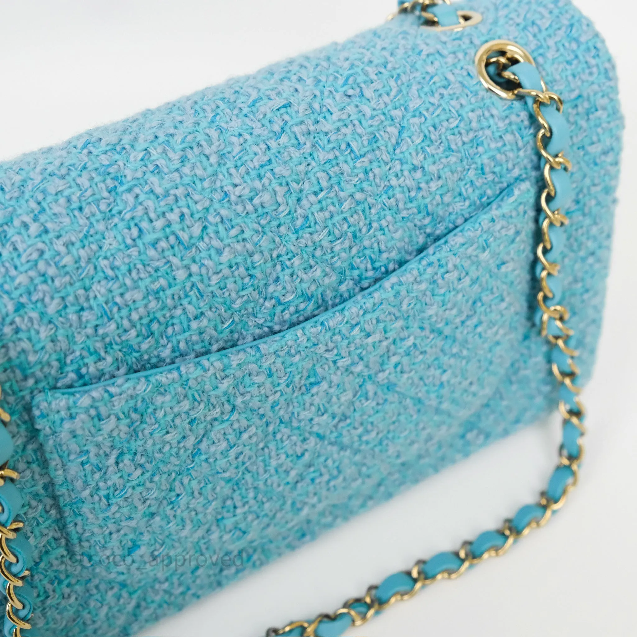 Chanel Classic M/L Medium Quilted Double Flap Bag Blue Tweed Gold Hardware