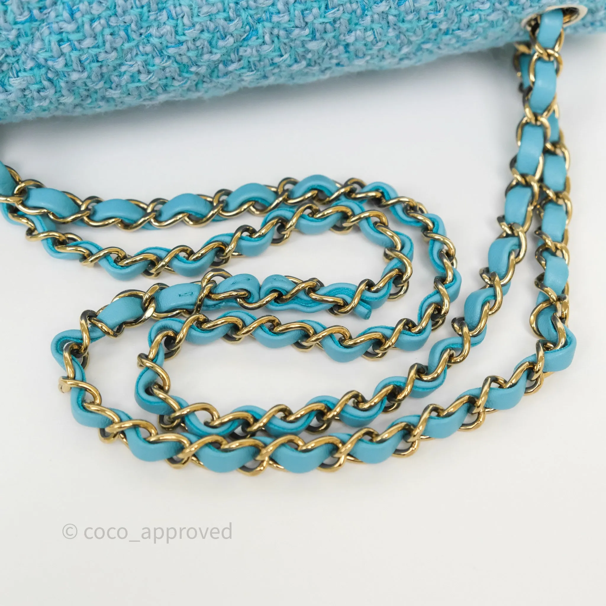 Chanel Classic M/L Medium Quilted Double Flap Bag Blue Tweed Gold Hardware