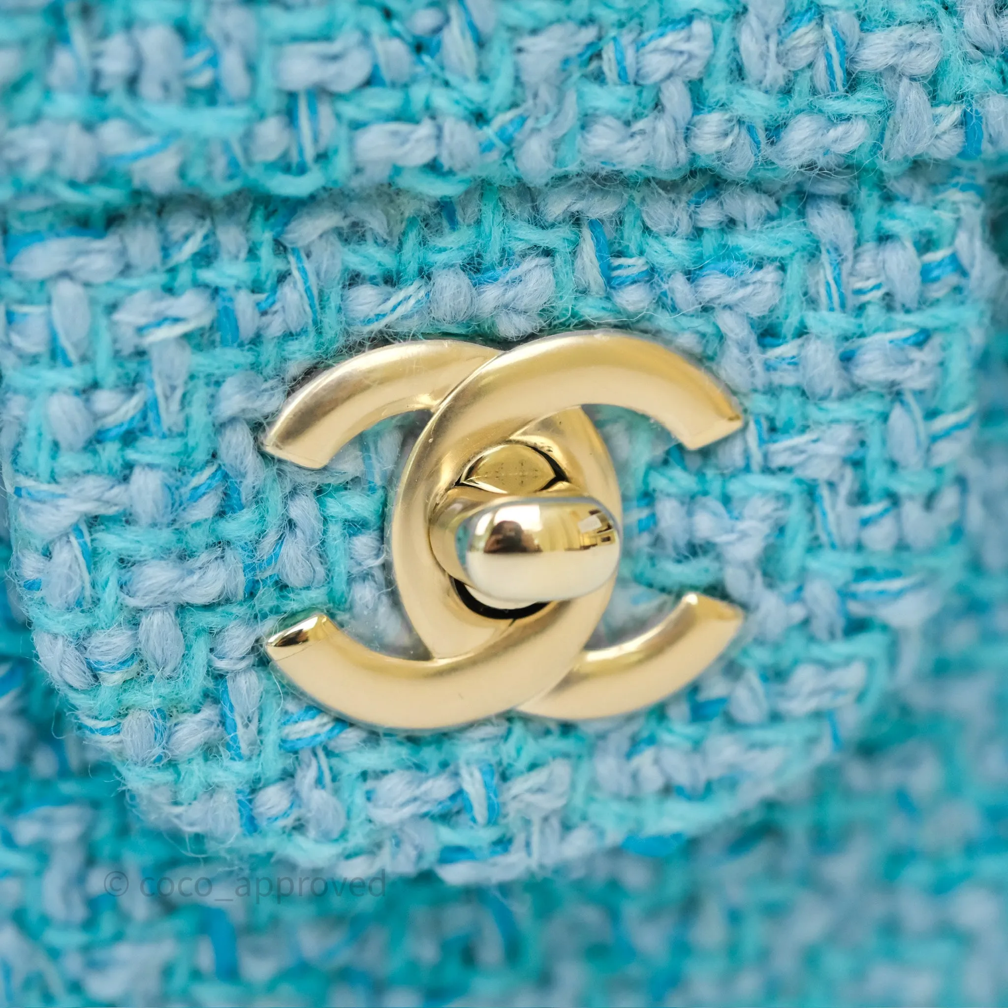 Chanel Classic M/L Medium Quilted Double Flap Bag Blue Tweed Gold Hardware