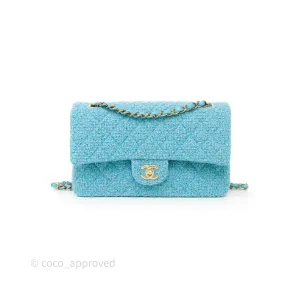 Chanel Classic M/L Medium Quilted Double Flap Bag Blue Tweed Gold Hardware