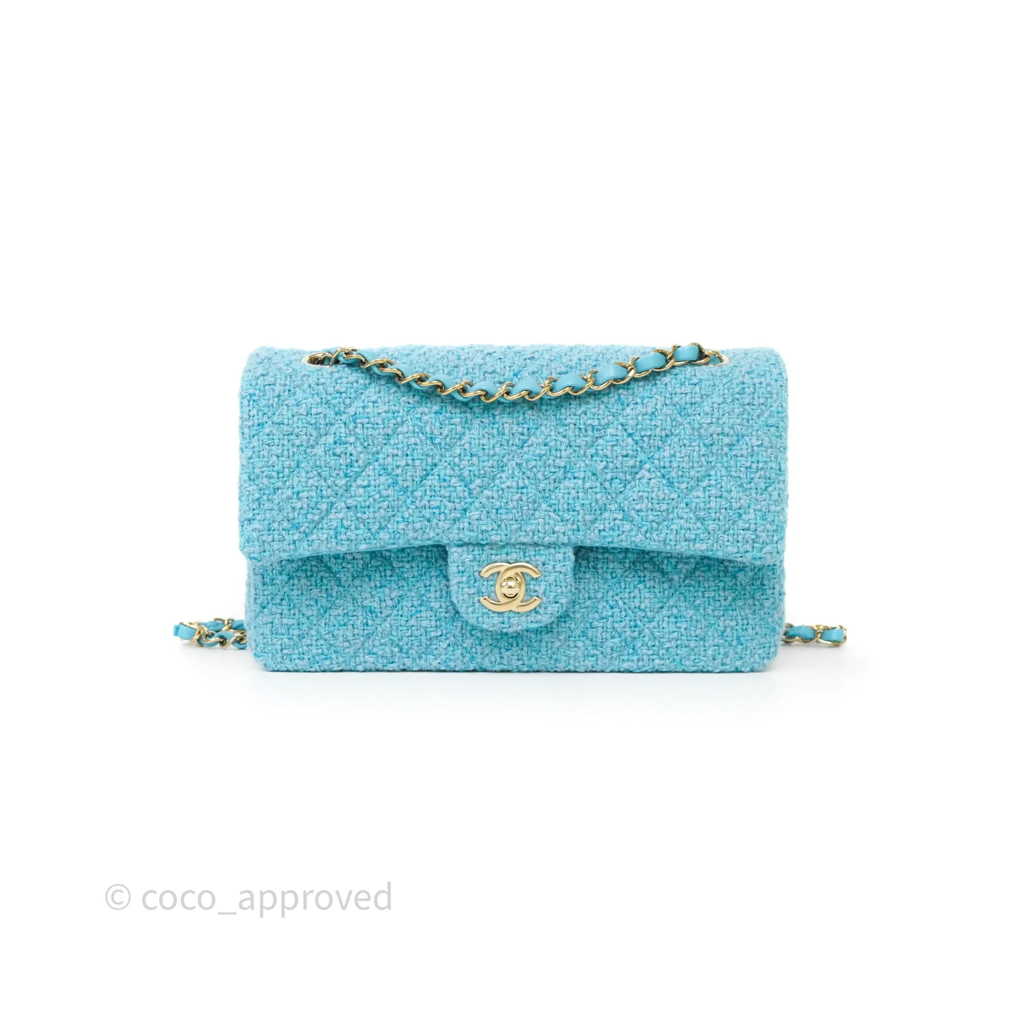 Chanel Classic M/L Medium Quilted Double Flap Bag Blue Tweed Gold Hardware
