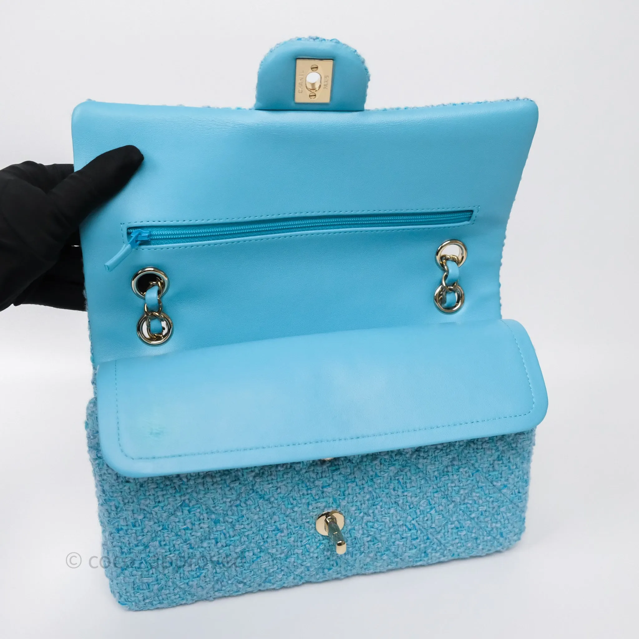 Chanel Classic M/L Medium Quilted Double Flap Bag Blue Tweed Gold Hardware