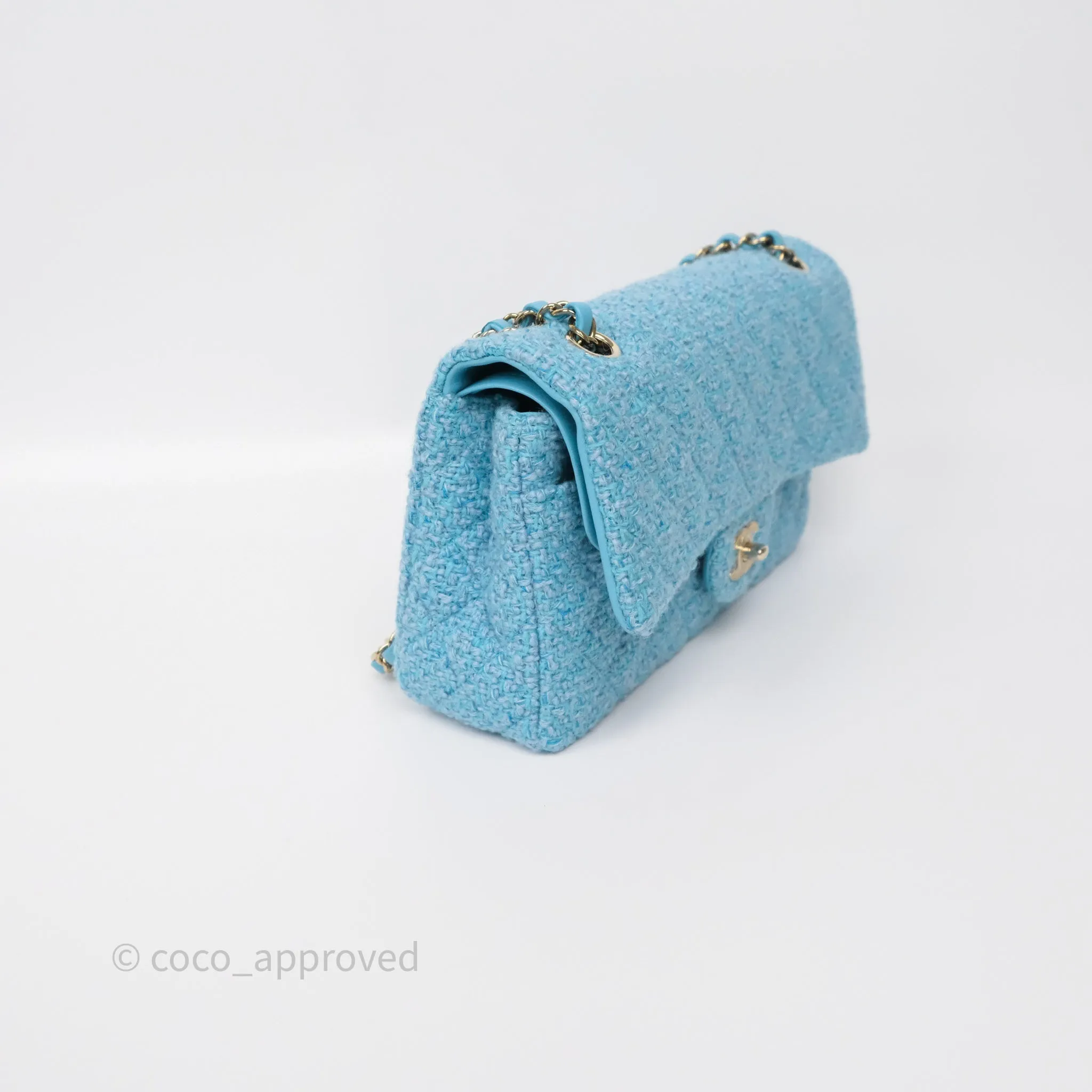 Chanel Classic M/L Medium Quilted Double Flap Bag Blue Tweed Gold Hardware