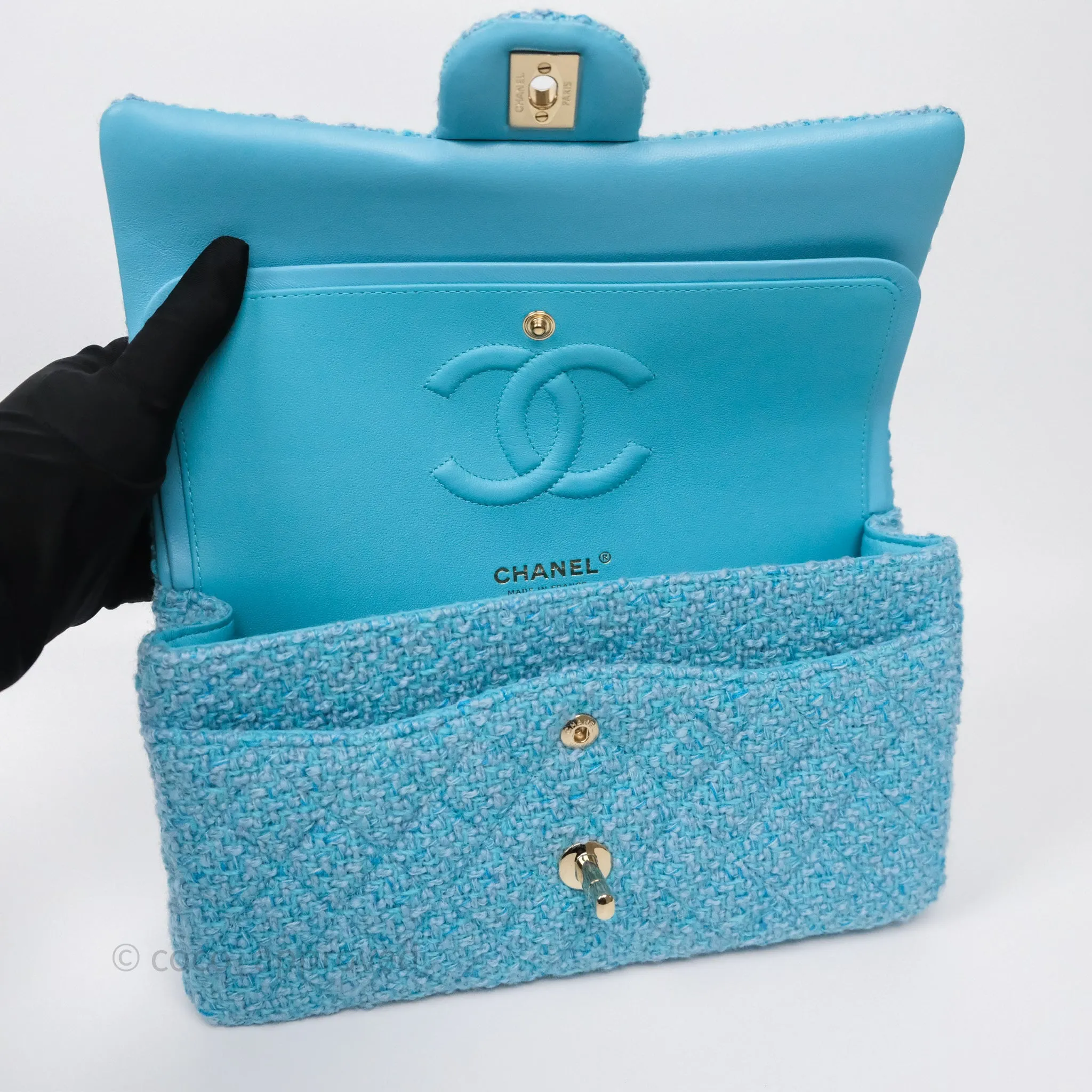 Chanel Classic M/L Medium Quilted Double Flap Bag Blue Tweed Gold Hardware