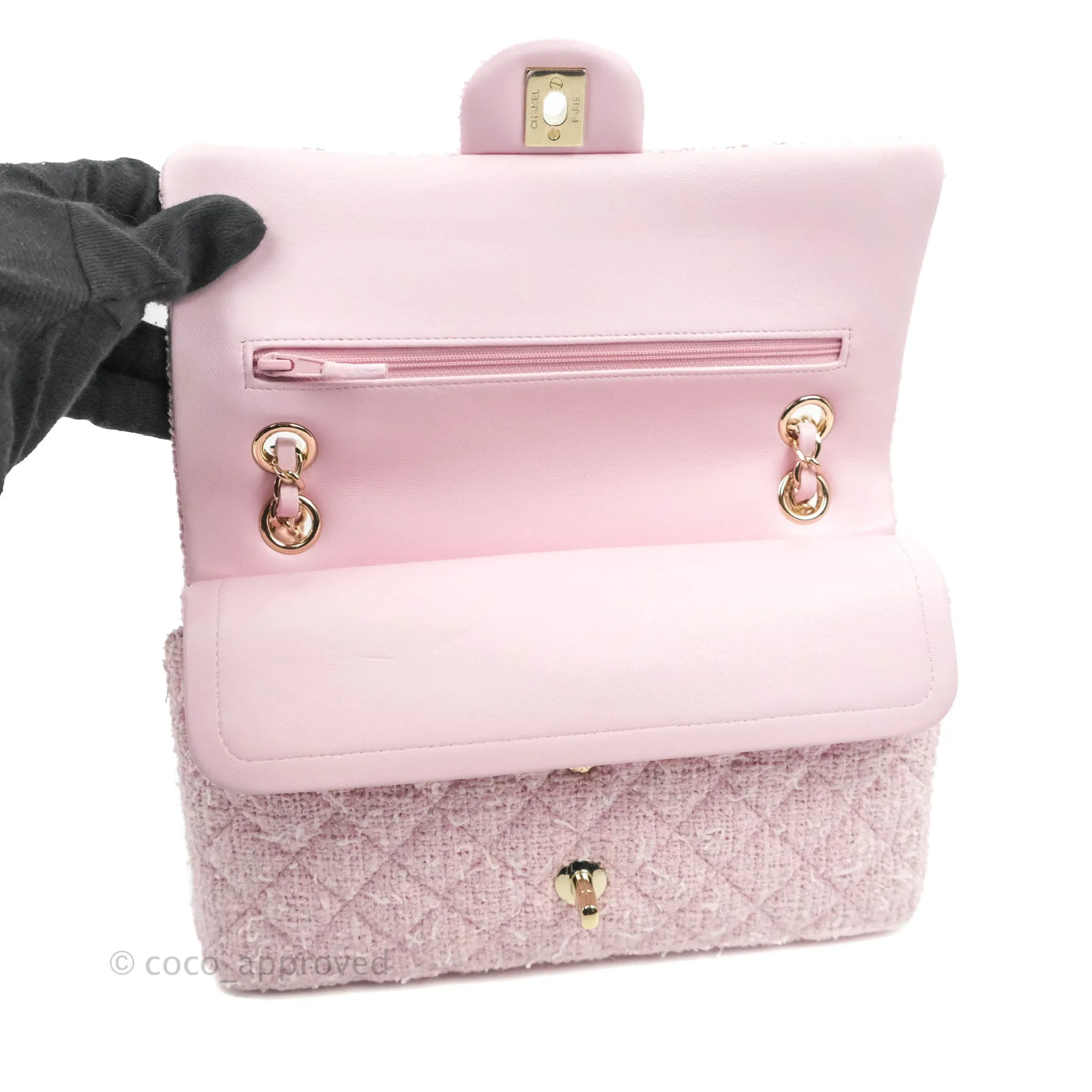 Chanel Classic M/L Medium Quilted Double Flap Bag Pink Tweed Gold Hardware