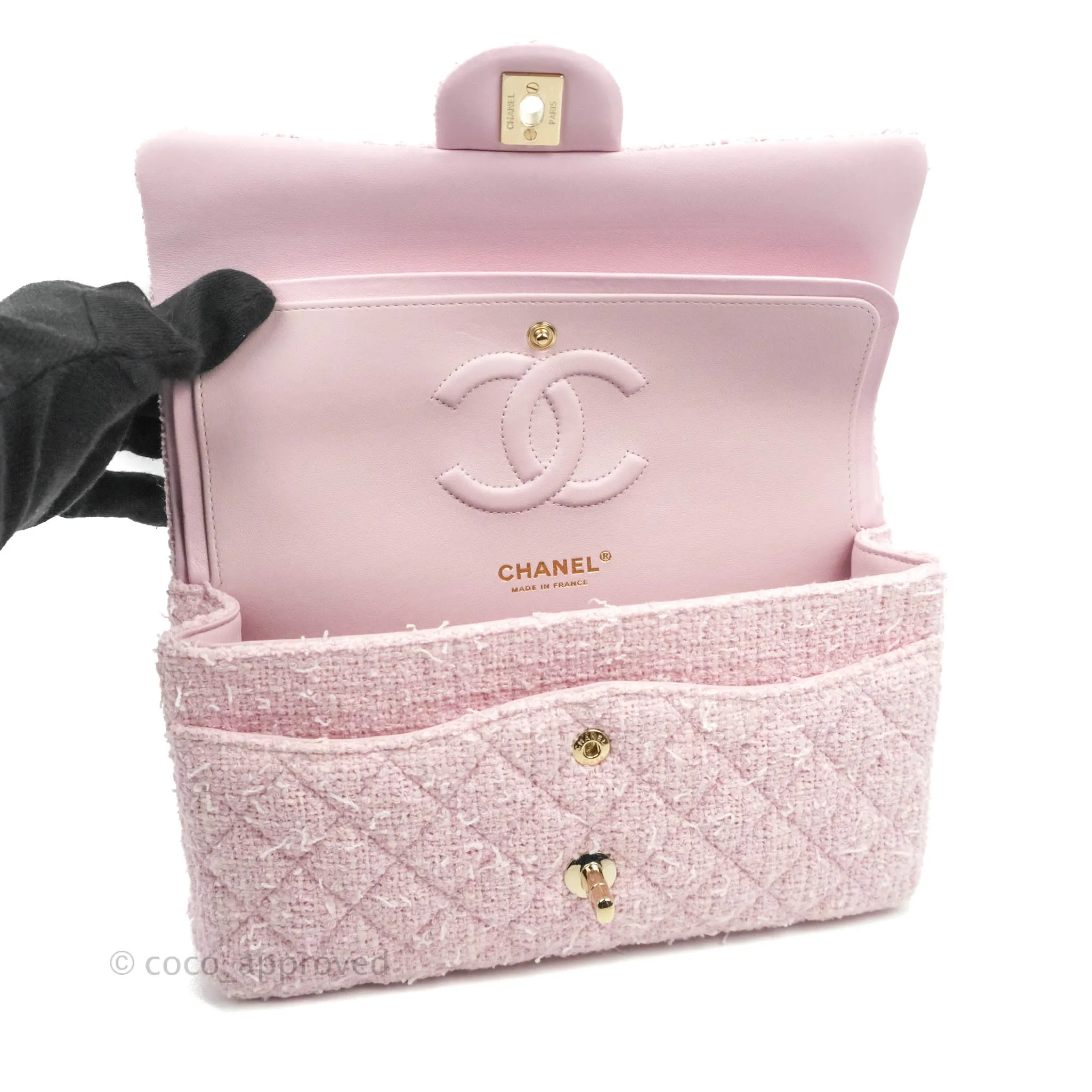 Chanel Classic M/L Medium Quilted Double Flap Bag Pink Tweed Gold Hardware
