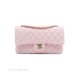 Chanel Classic M/L Medium Quilted Double Flap Bag Pink Tweed Gold Hardware