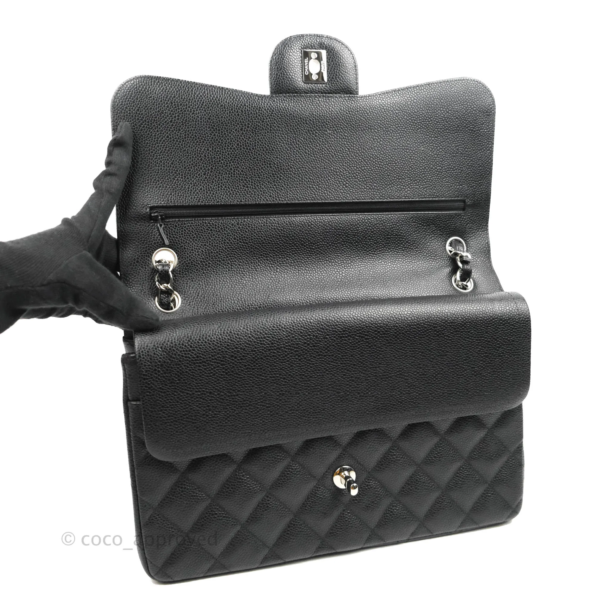 Chanel Classic Quilted Jumbo Double Flap Black Caviar Silver Hardware⁣⁣