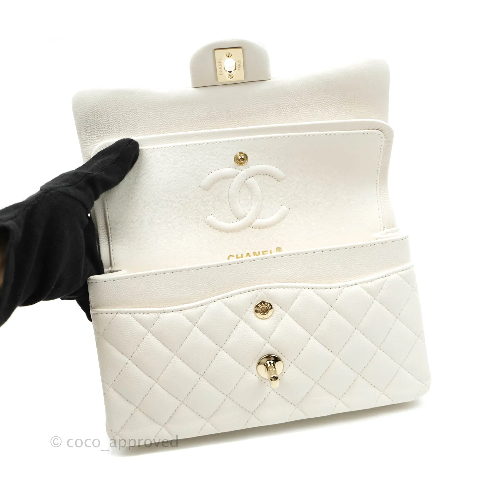 Chanel Classic Quilted Small S/M Flap White Caviar Gold Hardware