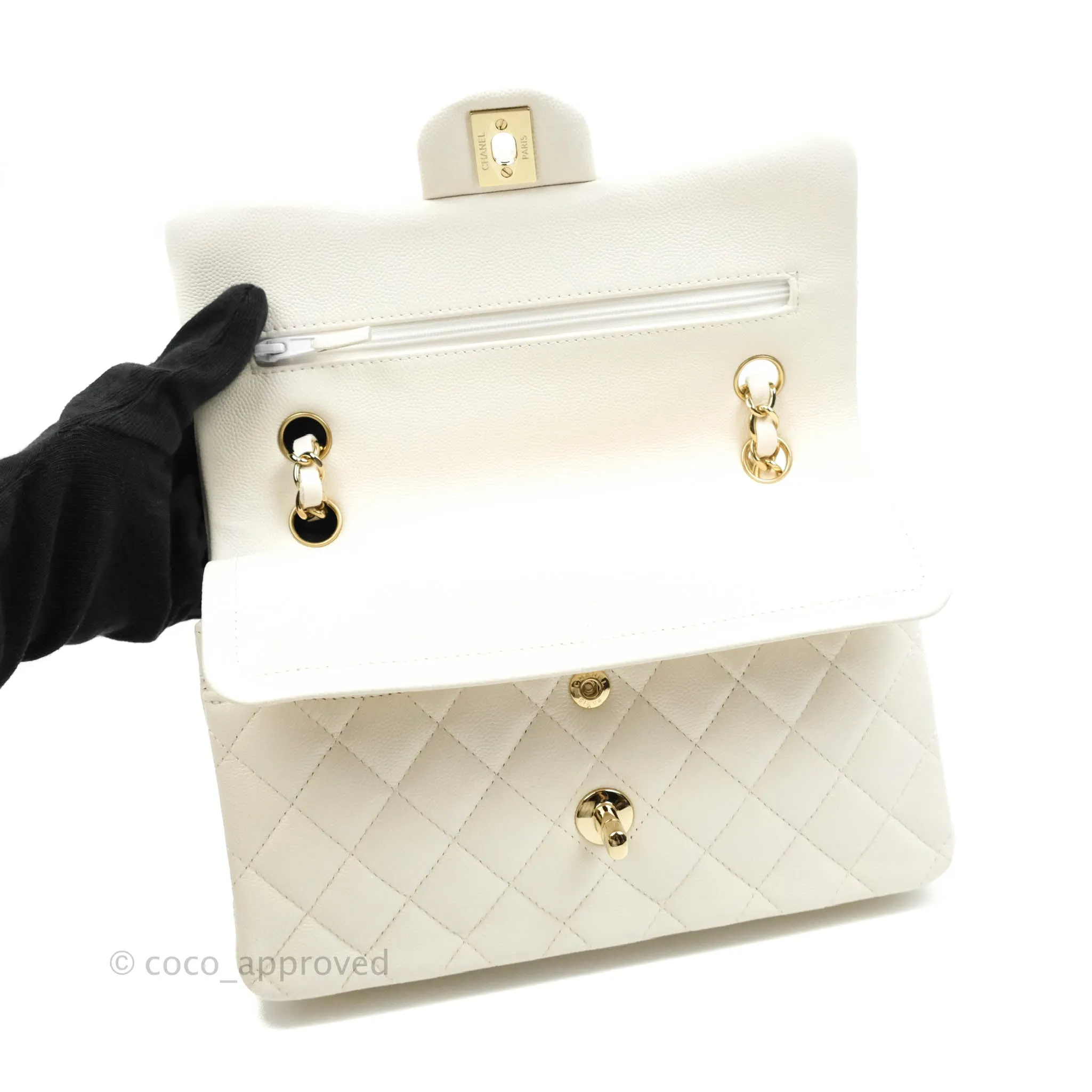 Chanel Classic Quilted Small S/M Flap White Caviar Gold Hardware