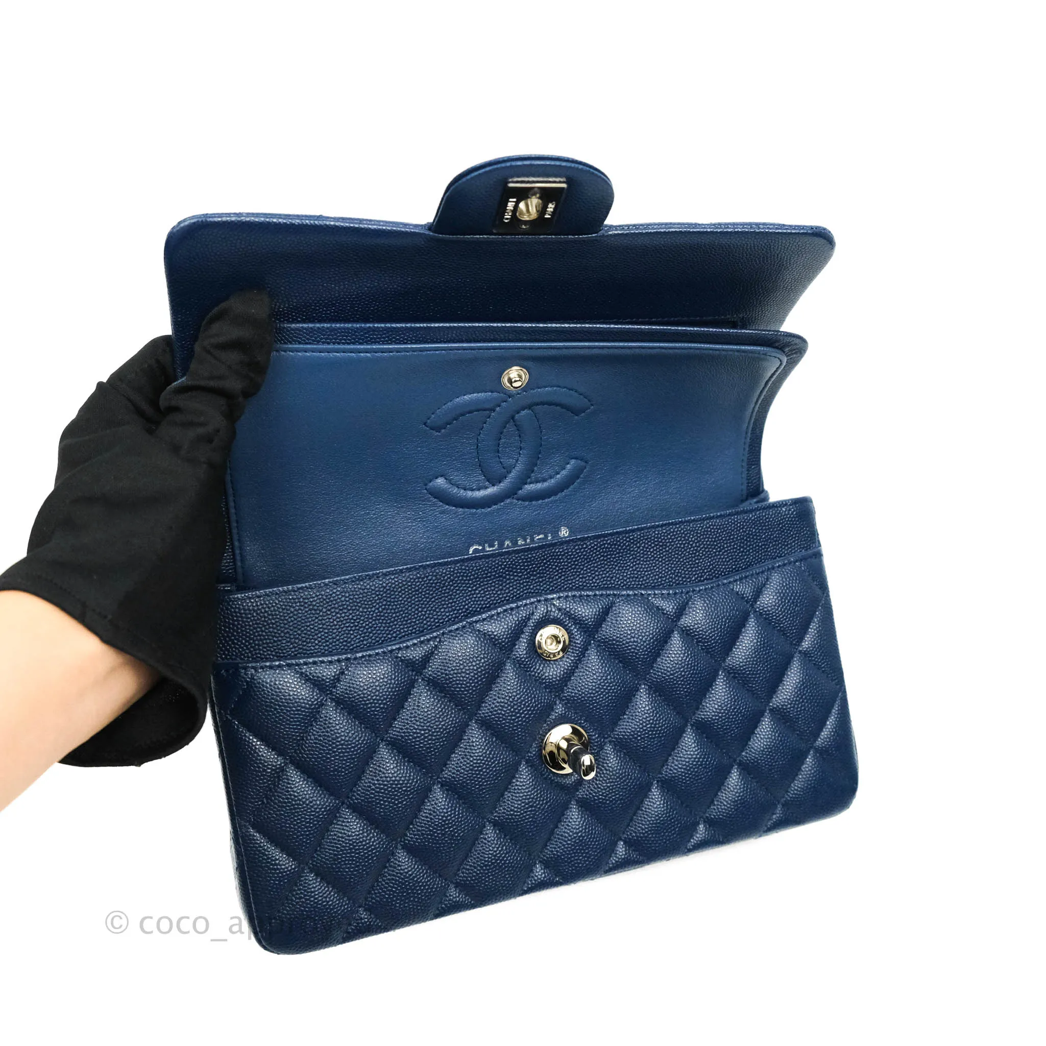 Chanel Classic Small S/M Flap Dark Blue Caviar Silver Hardware 17B