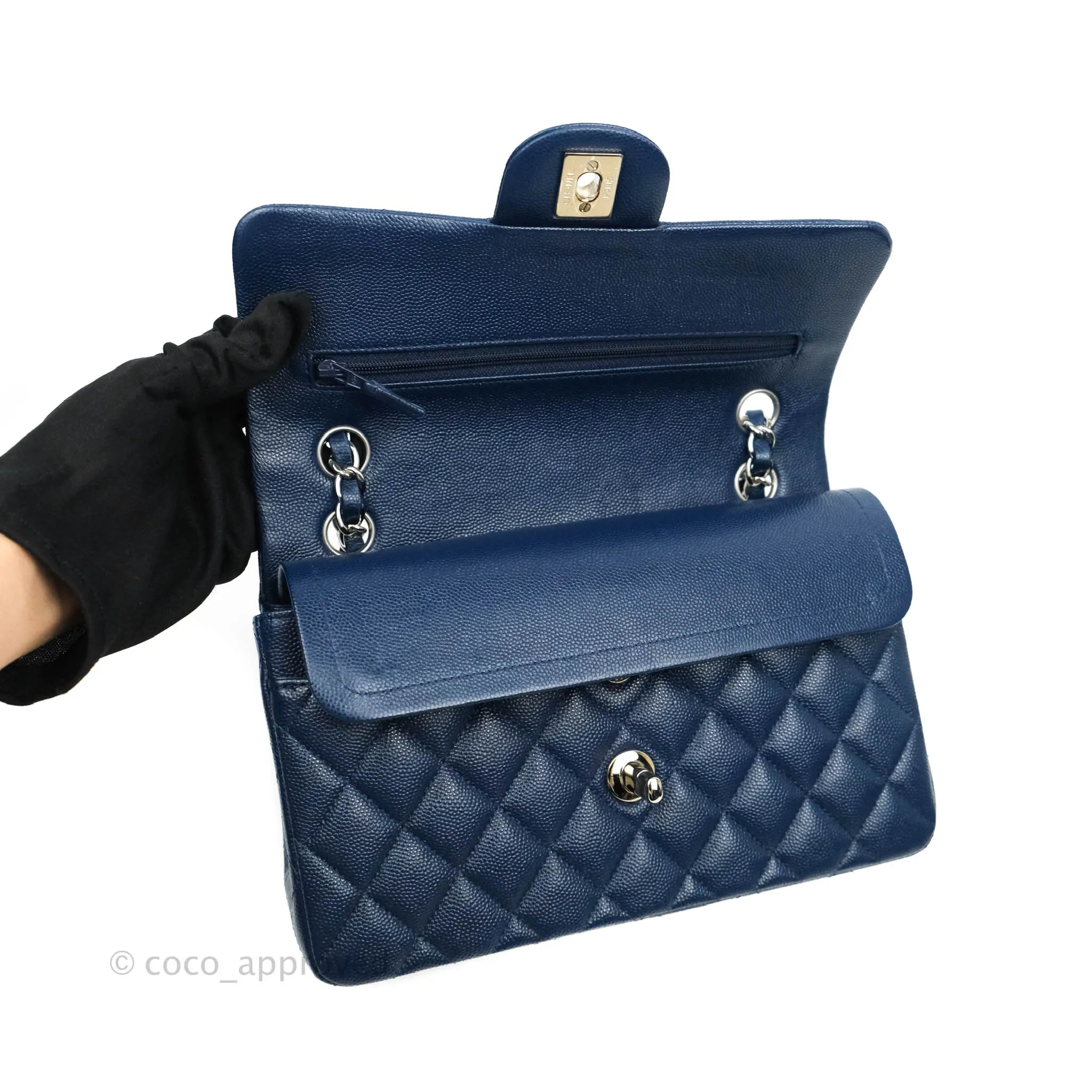 Chanel Classic Small S/M Flap Dark Blue Caviar Silver Hardware 17B