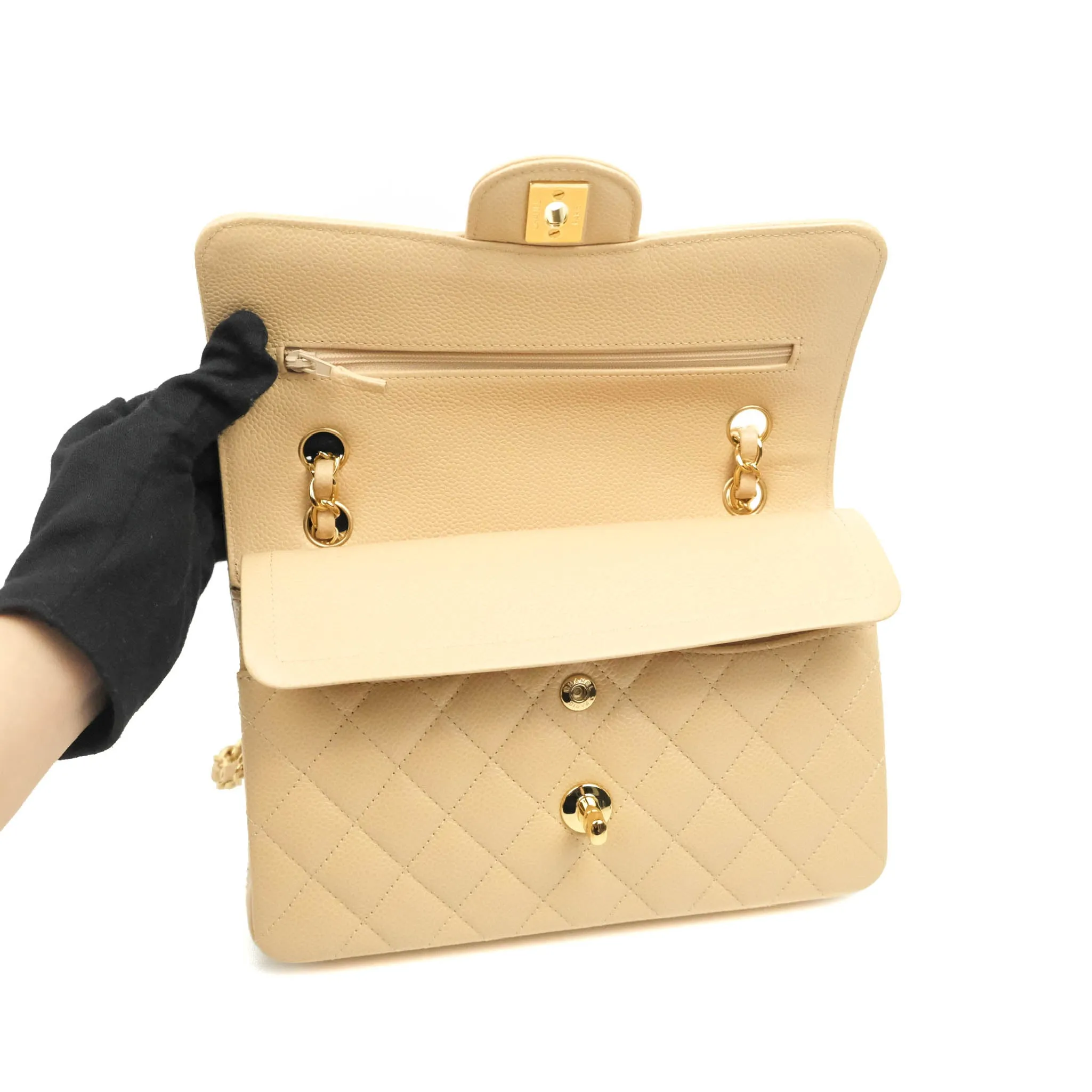 Chanel Classic Small S/M Quilted Flap Beige Caviar Gold Hardware