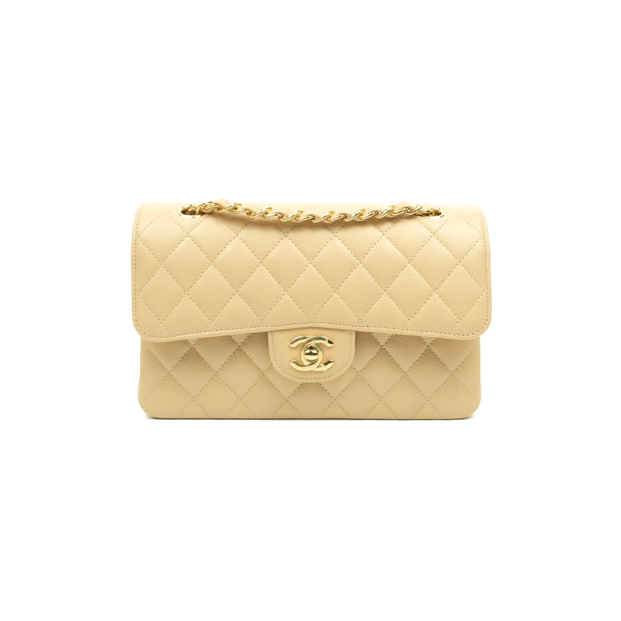 Chanel Classic Small S/M Quilted Flap Beige Caviar Gold Hardware