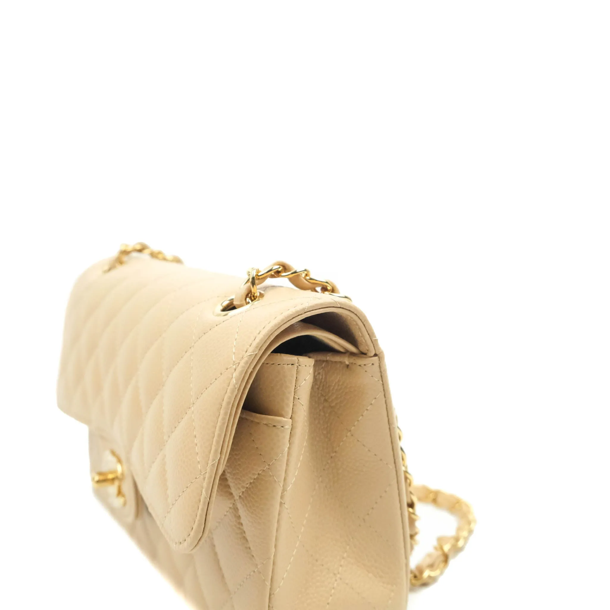 Chanel Classic Small S/M Quilted Flap Beige Caviar Gold Hardware