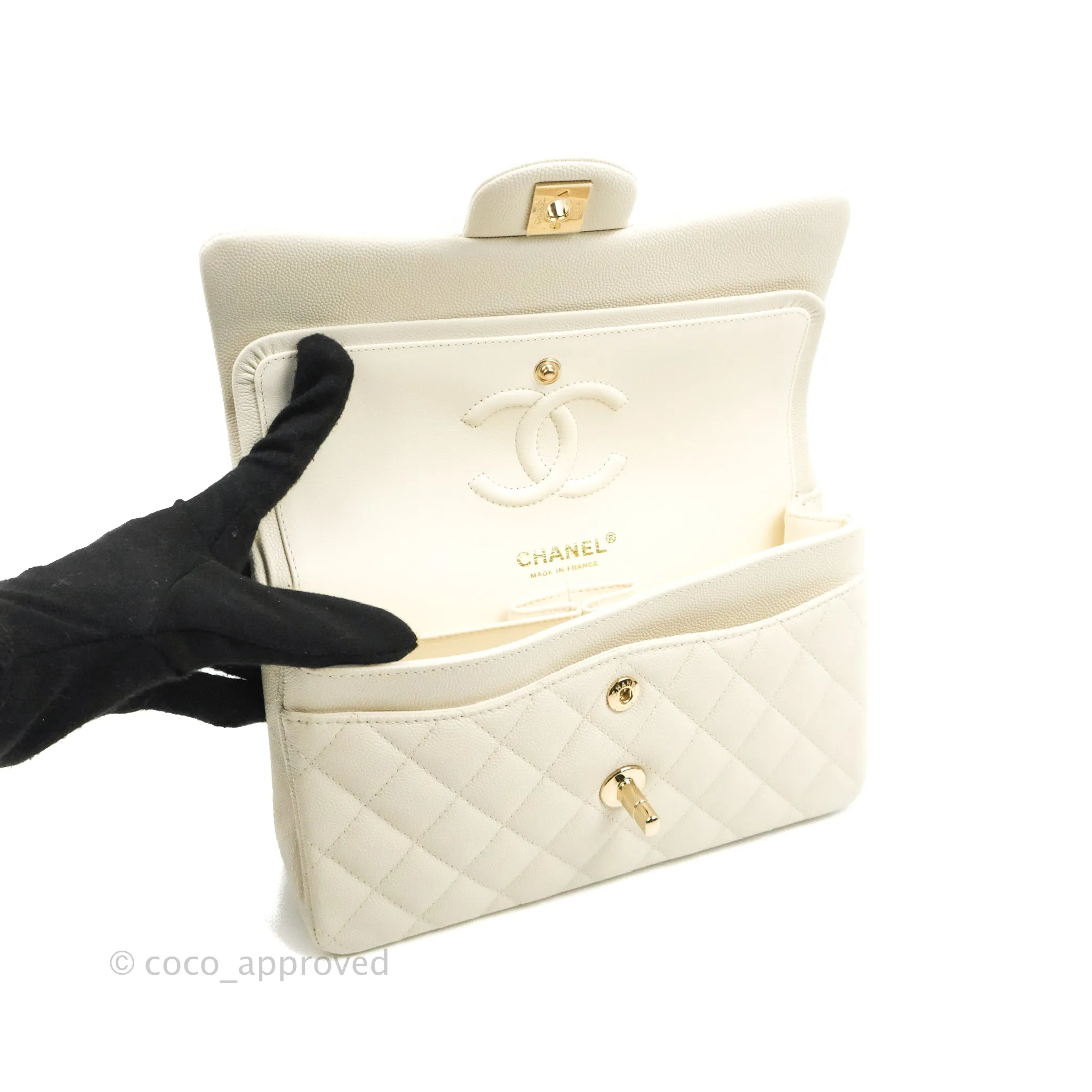 Chanel Classic Small S/M Quilted Flap White Caviar Gold Hardware 22C