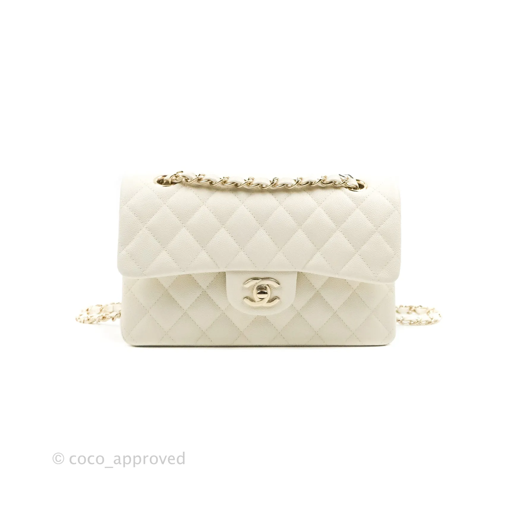 Chanel Classic Small S/M Quilted Flap White Caviar Gold Hardware 22C