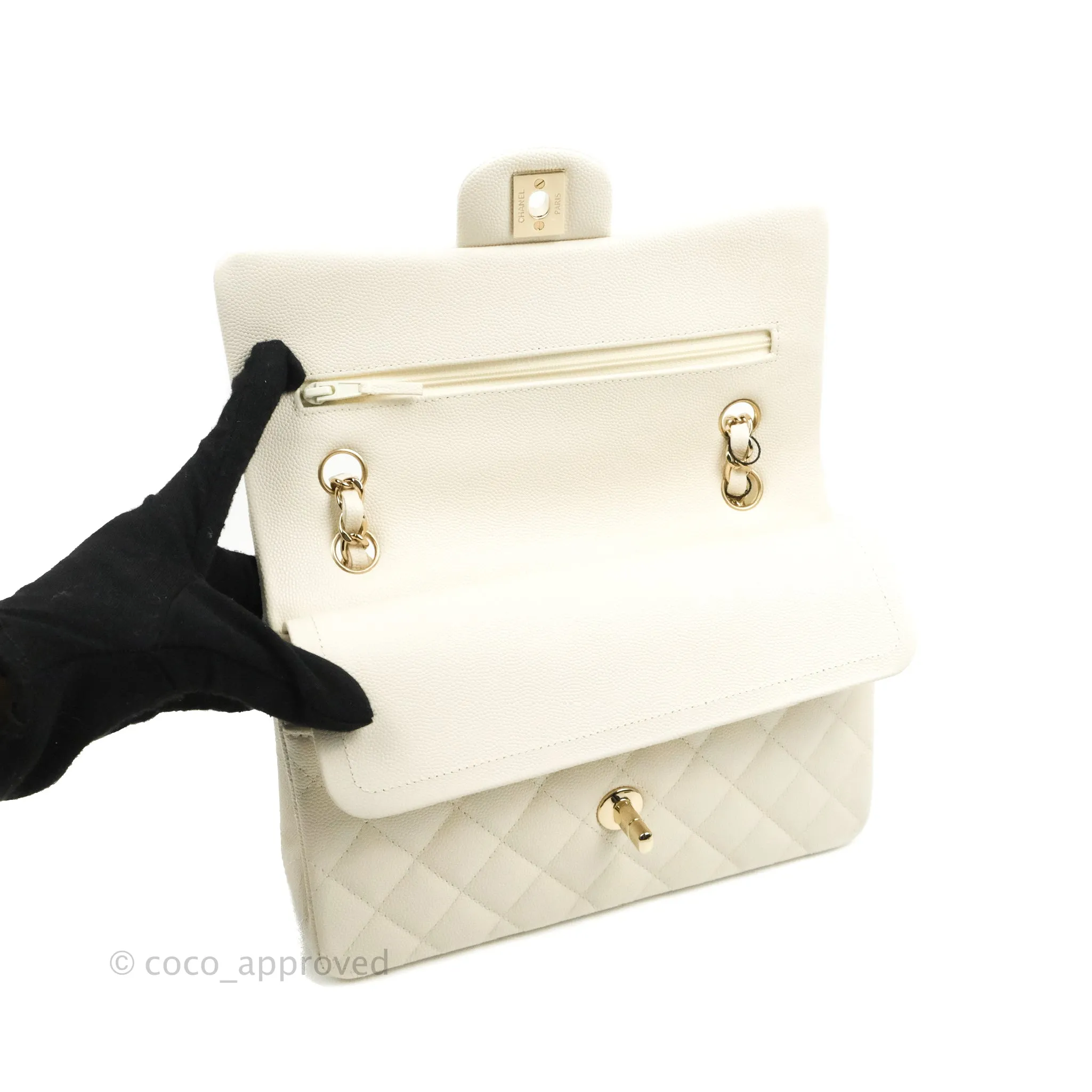 Chanel Classic Small S/M Quilted Flap White Caviar Gold Hardware 22C