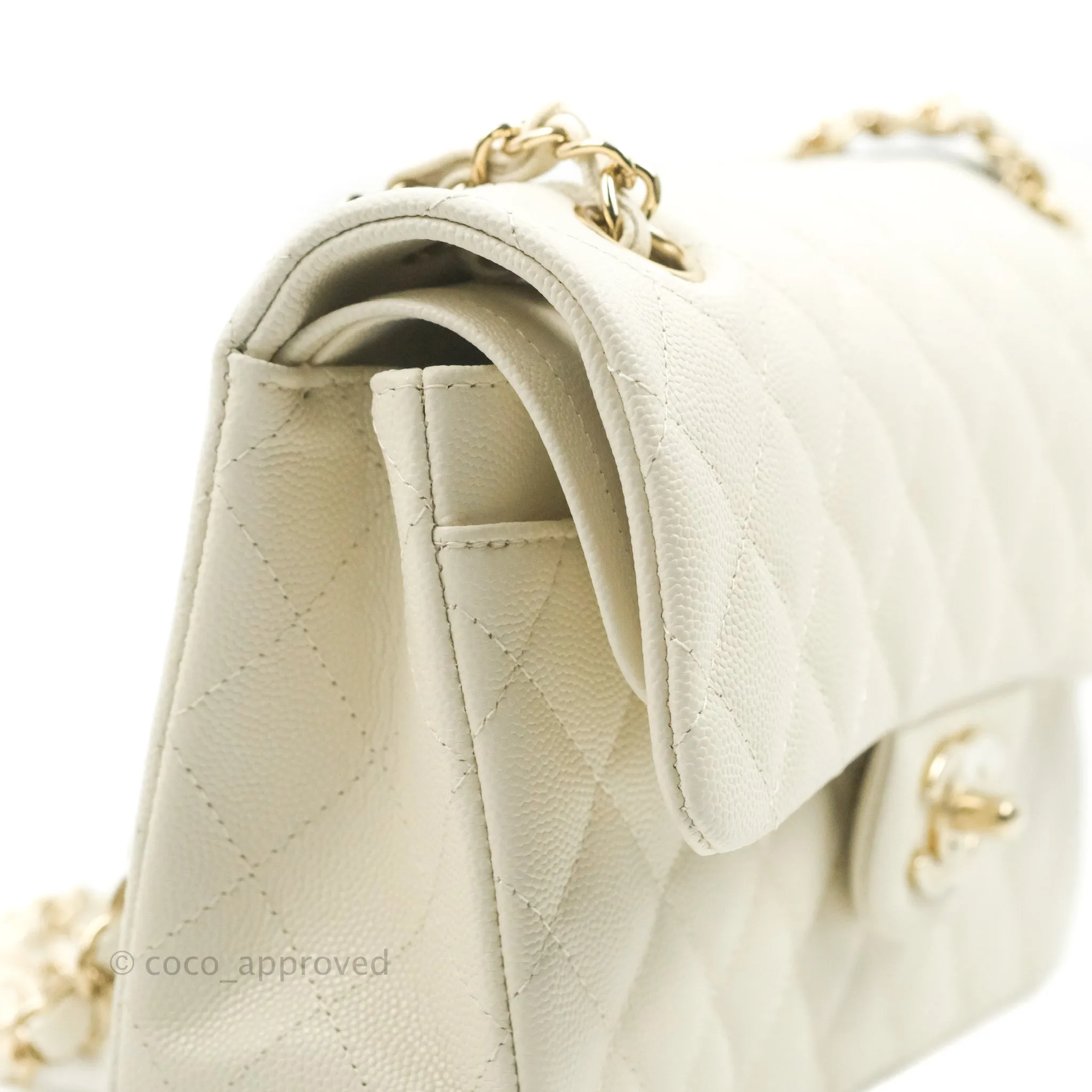 Chanel Classic Small S/M Quilted Flap White Caviar Gold Hardware 22C