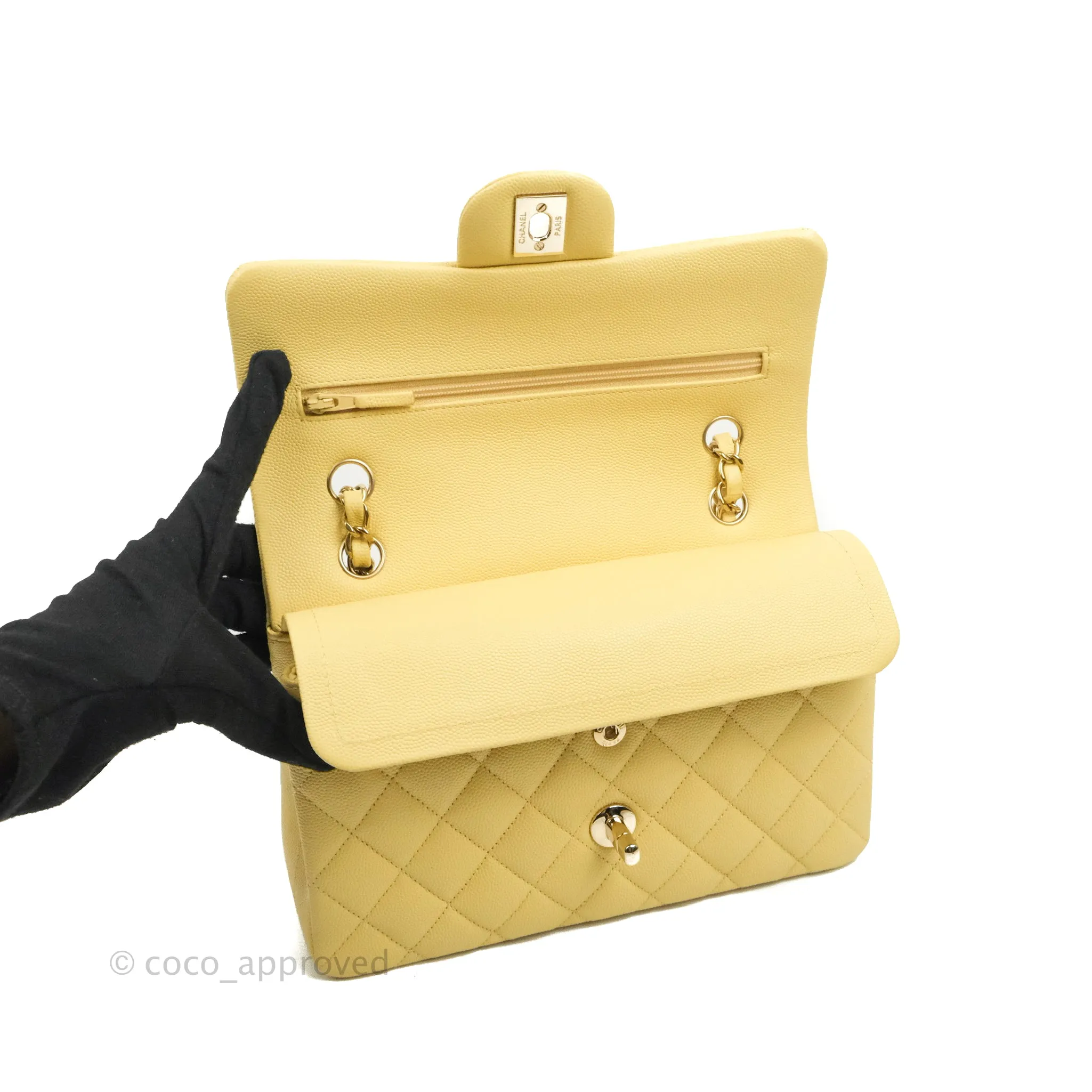 Chanel Classic Small S/M Quilted Flap Yellow Caviar Gold Hardware