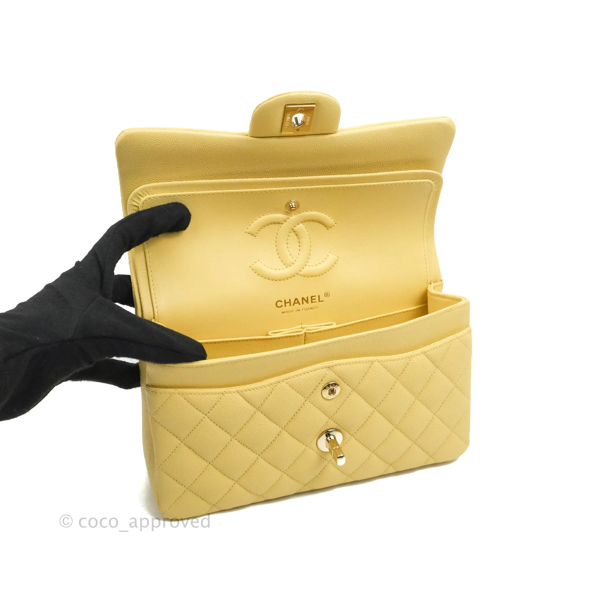 Chanel Classic Small S/M Quilted Flap Yellow Caviar Gold Hardware