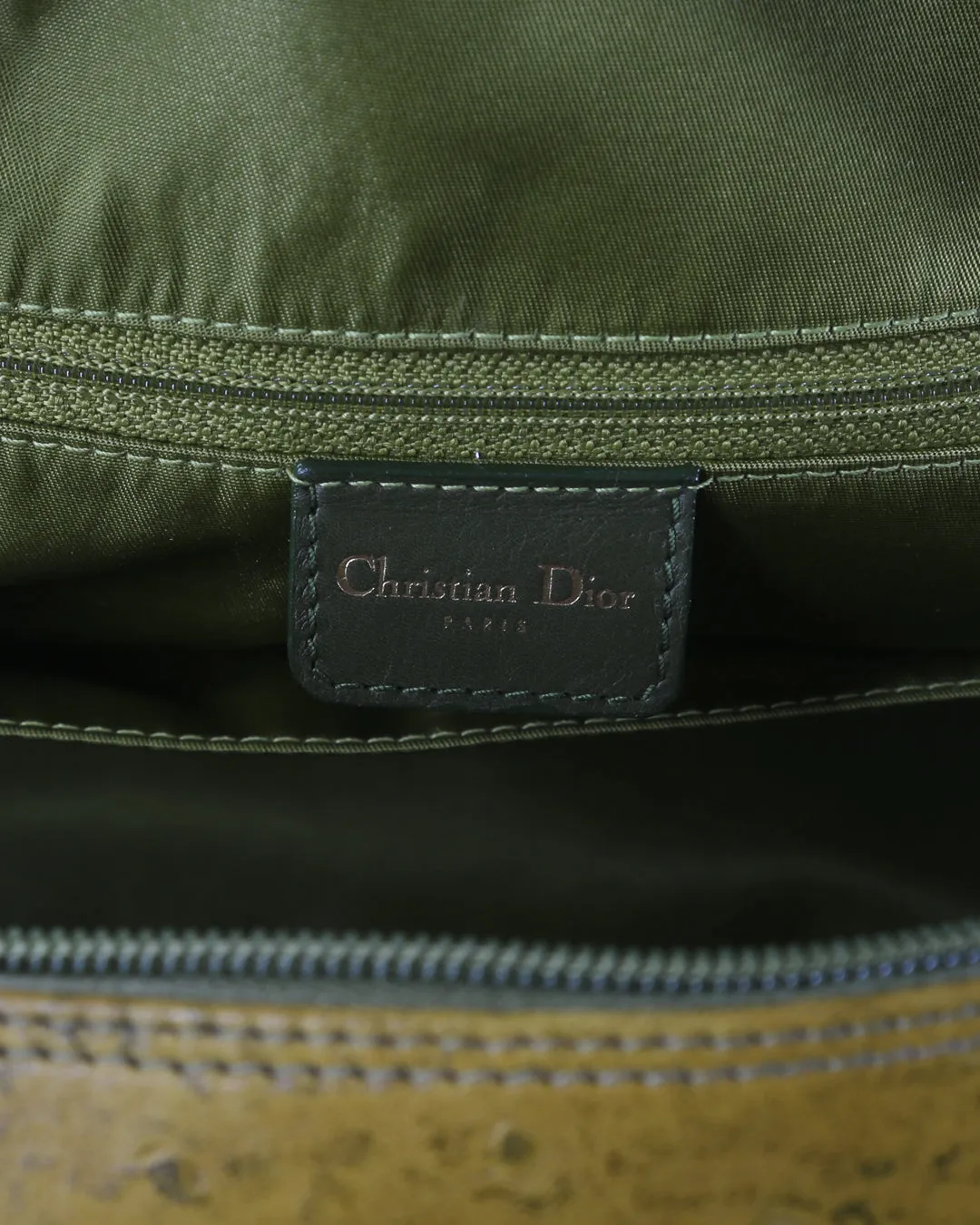CHRISTIAN DIOR Olive Green Ostrich Leather Medium Saddle Bowler Bag