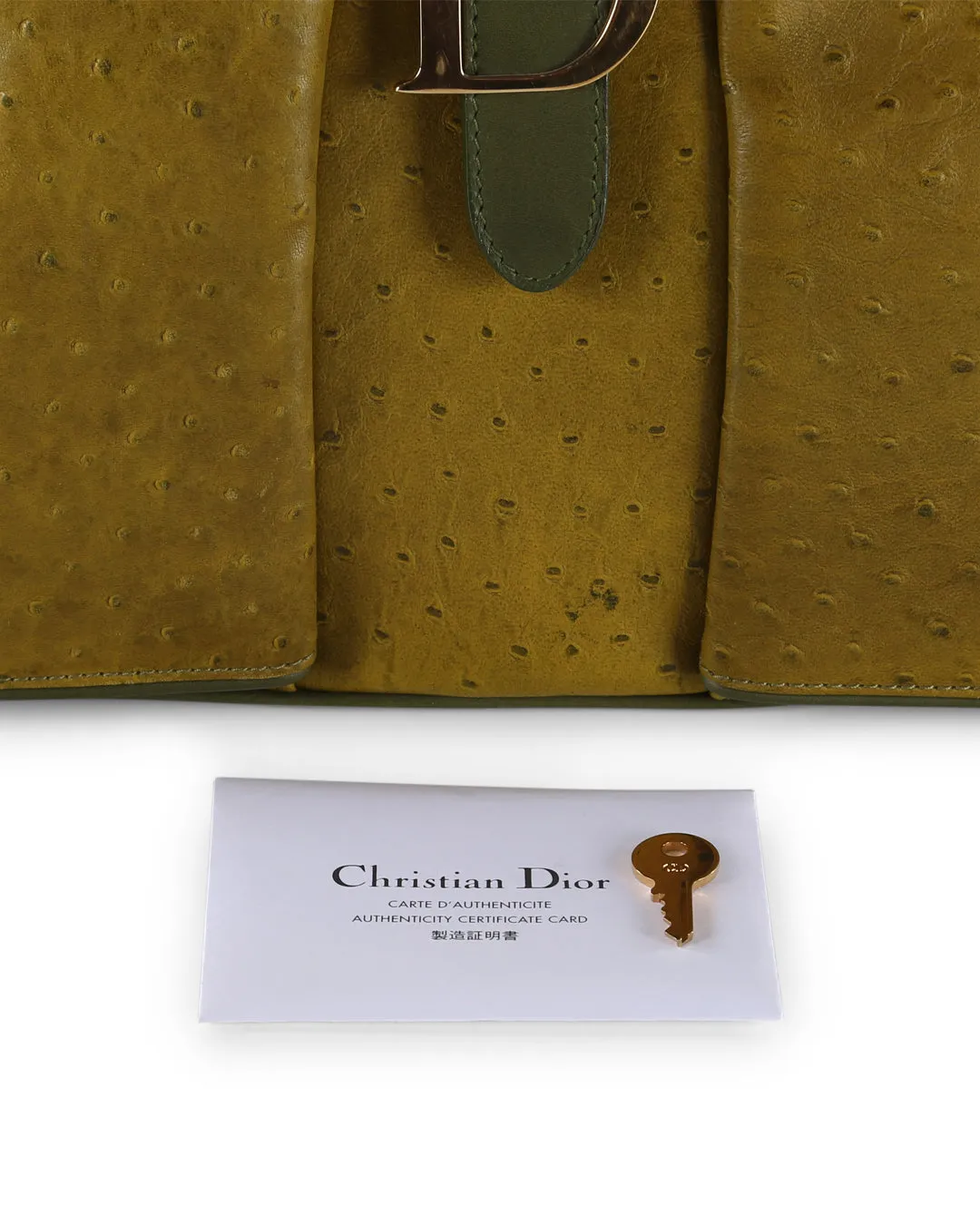 CHRISTIAN DIOR Olive Green Ostrich Leather Medium Saddle Bowler Bag
