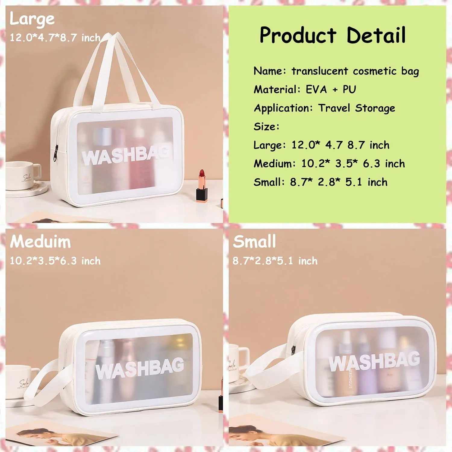 Clear Travel Bags for Toiletries, 3Pcs Portable PVC Waterproof Cosmetic Bags, Transparent Travel Storage Carry Pouch, Toiletry Bags and Cosmetics Organizer for Women Men (A-White)