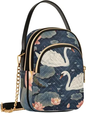 Crossbody Bag Phone Purse Pond Swans Lotus Flowers Mini Shoulder Bag for Women Quilted Cellphone Wallet Travel Pouch