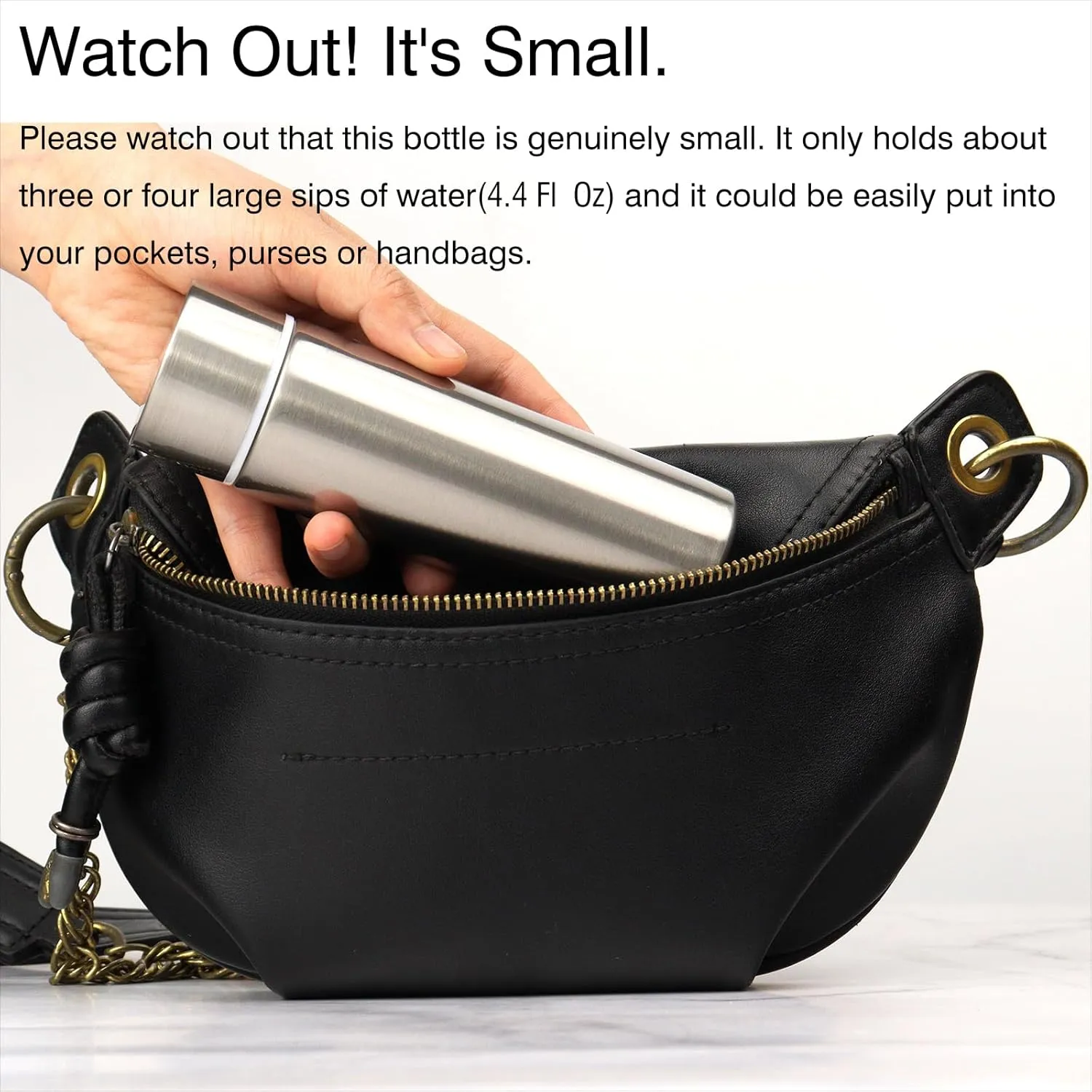 Cute Small Purse Water Bottle, 4.4 Fl. Oz, Mini Slim Flask for Kids Lunchbox, Portable Skinny Handbag Water Bottle, Vacuum Insulated Reusable Leak Proof Stainless Steel Hydroflask Thermos