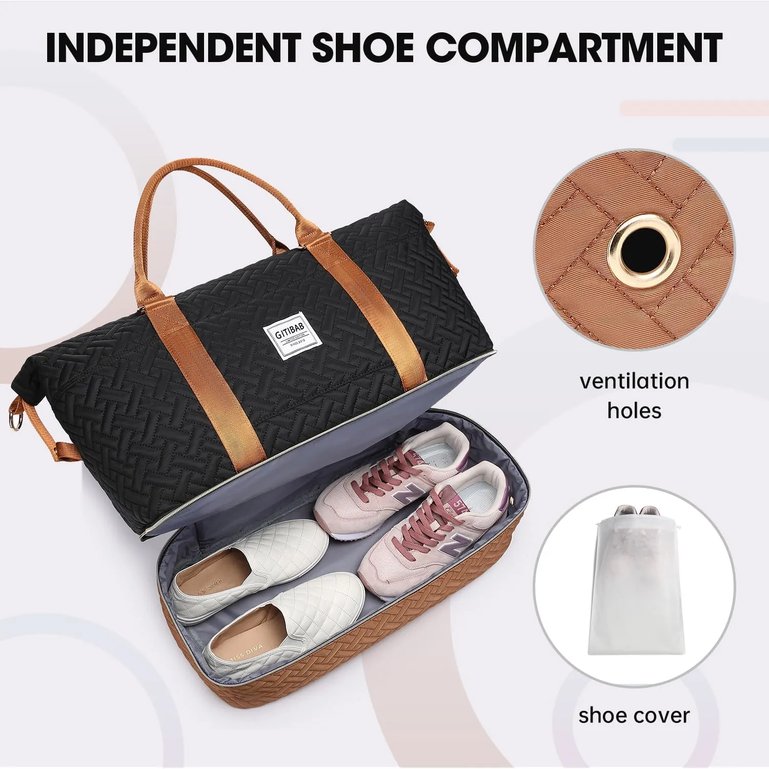Duffle Bags for women,50L Quilted Travel Weekender Bag with Shoe Compartment, Large Carry On Overnight Tote Gym Bag