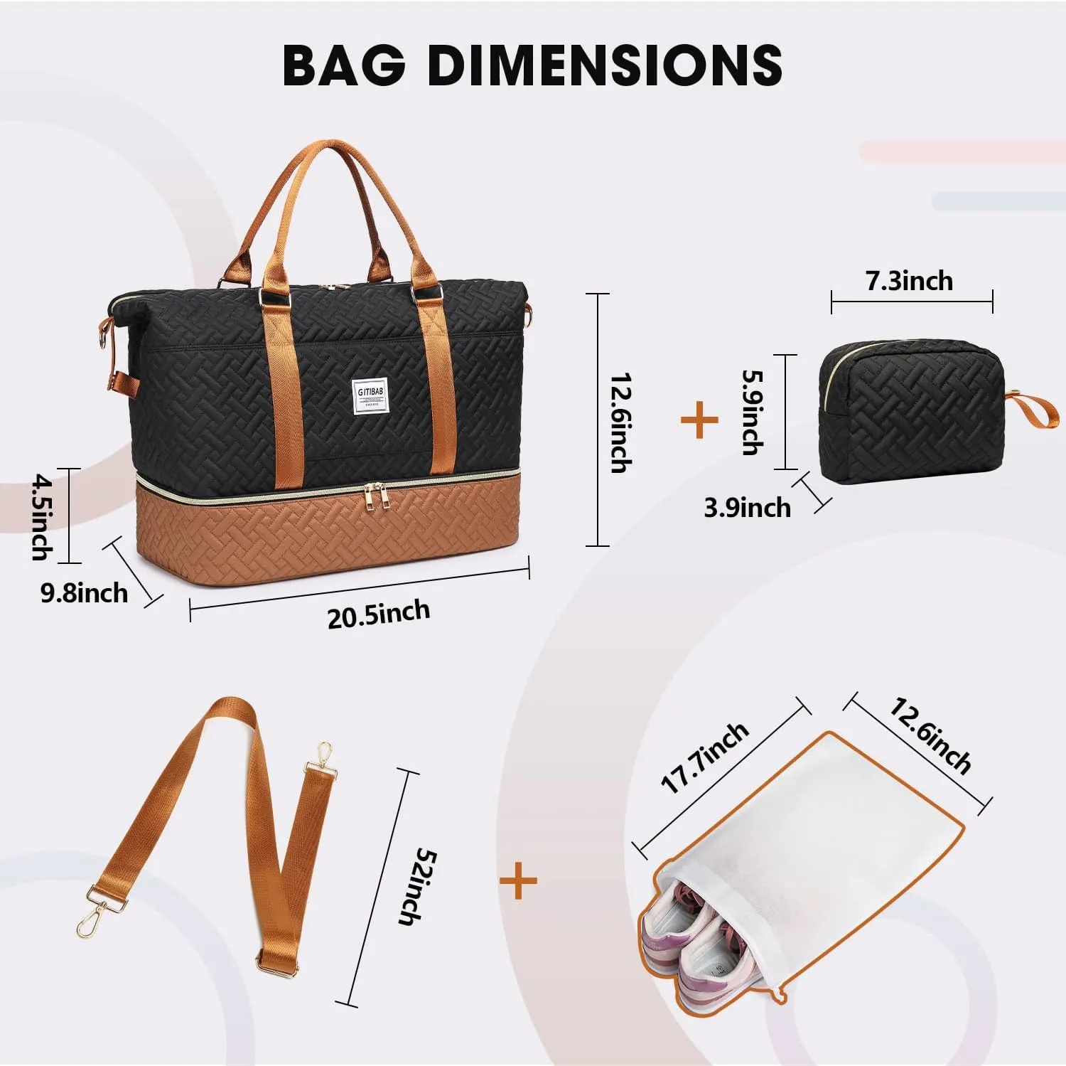 Duffle Bags for women,50L Quilted Travel Weekender Bag with Shoe Compartment, Large Carry On Overnight Tote Gym Bag