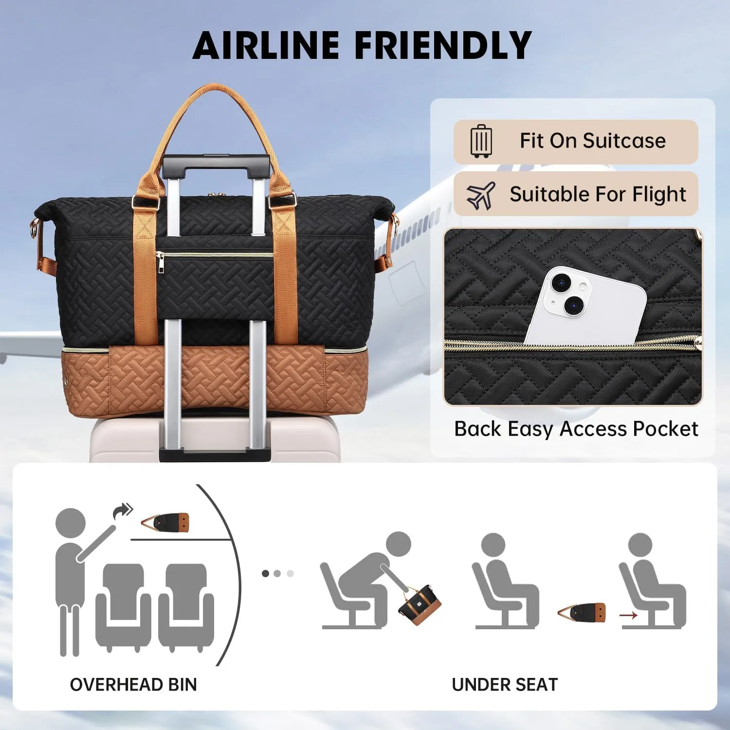 Duffle Bags for women,50L Quilted Travel Weekender Bag with Shoe Compartment, Large Carry On Overnight Tote Gym Bag
