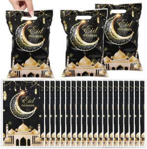 Eid Mubarak Gift Bags with Die Cut Handles, 50pcs - Gold Muslim Mosque Moon Stars Lantern Print Ramadan Theme Black Goodie Candy Snack Plastic Bags Pouch for Muslim Islamic Diwali Party Favor Kids Gifts