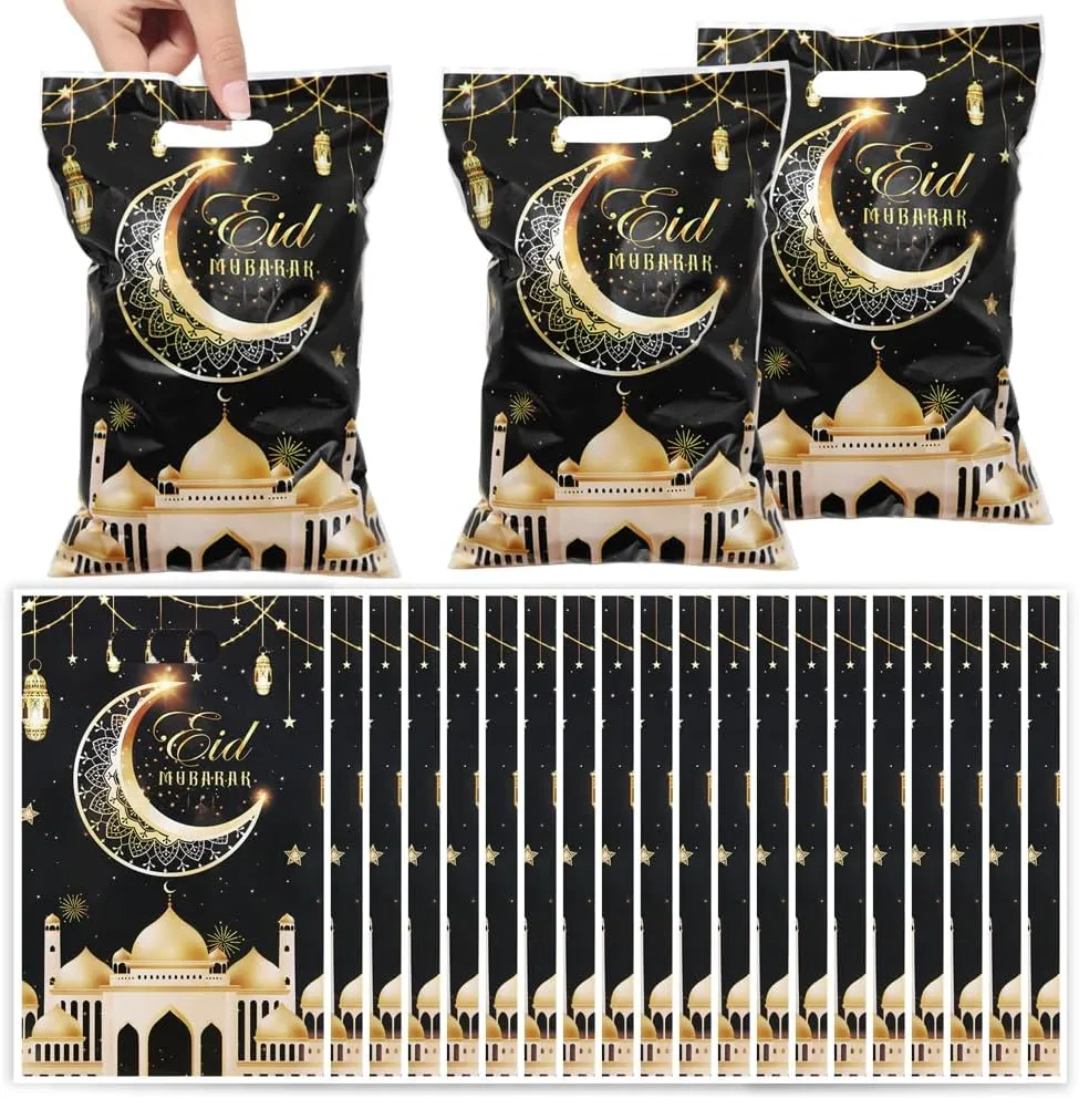 Eid Mubarak Gift Bags with Die Cut Handles, 50pcs - Gold Muslim Mosque Moon Stars Lantern Print Ramadan Theme Black Goodie Candy Snack Plastic Bags Pouch for Muslim Islamic Diwali Party Favor Kids Gifts